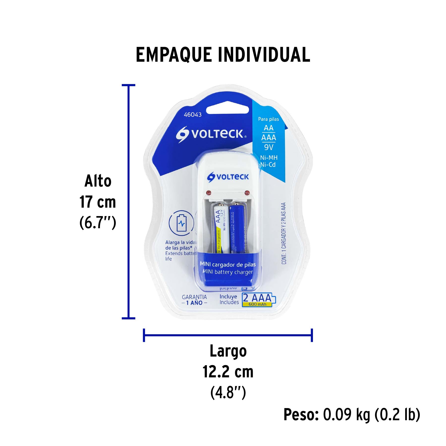 Cargador de pilas, AA, AAA y 9V incluye 2 pilas AAA, VOLTECK - Empaque