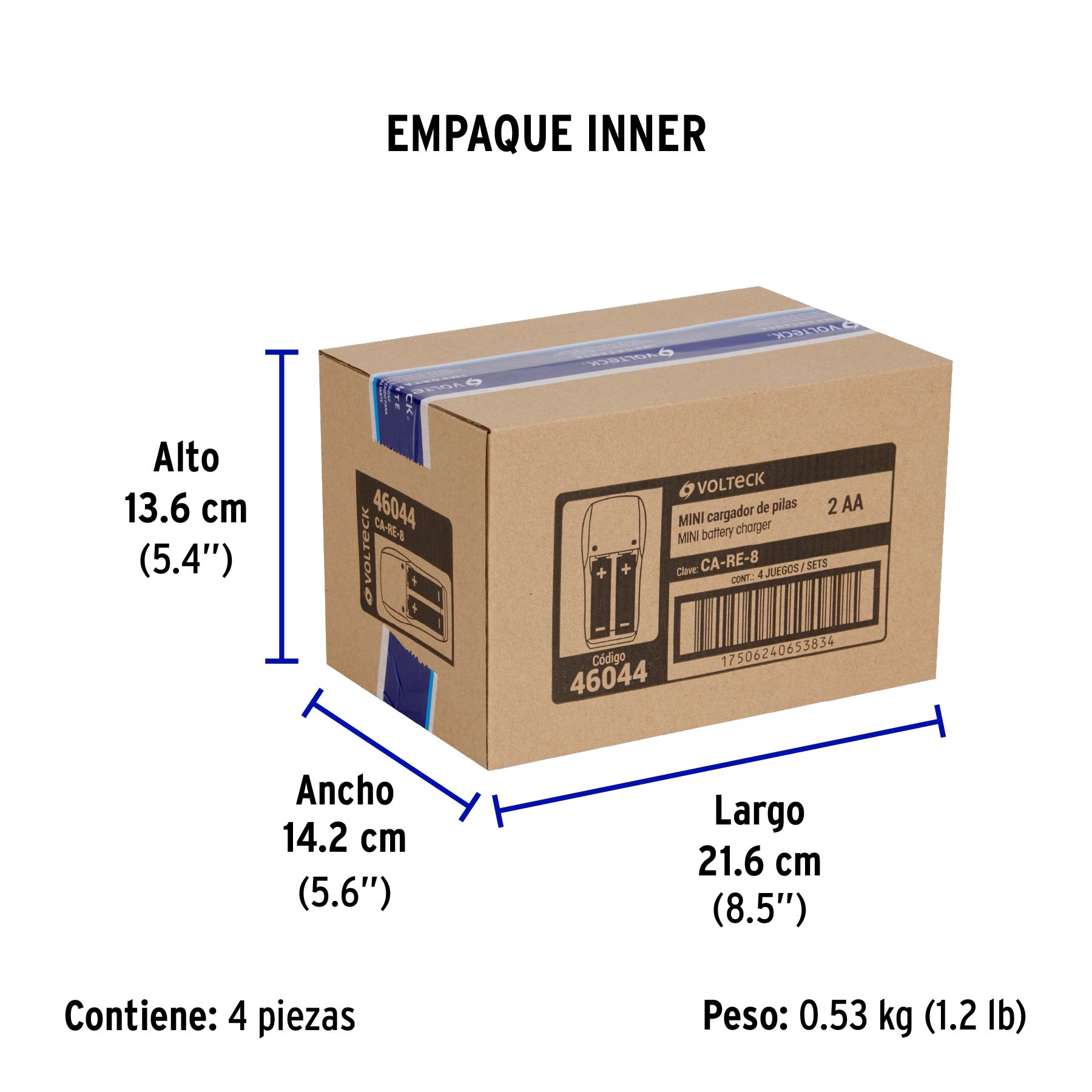 Cargador de pilas, AA, AAA y 9V, incluye 2 pilas AA, VOLTECK - Empaque