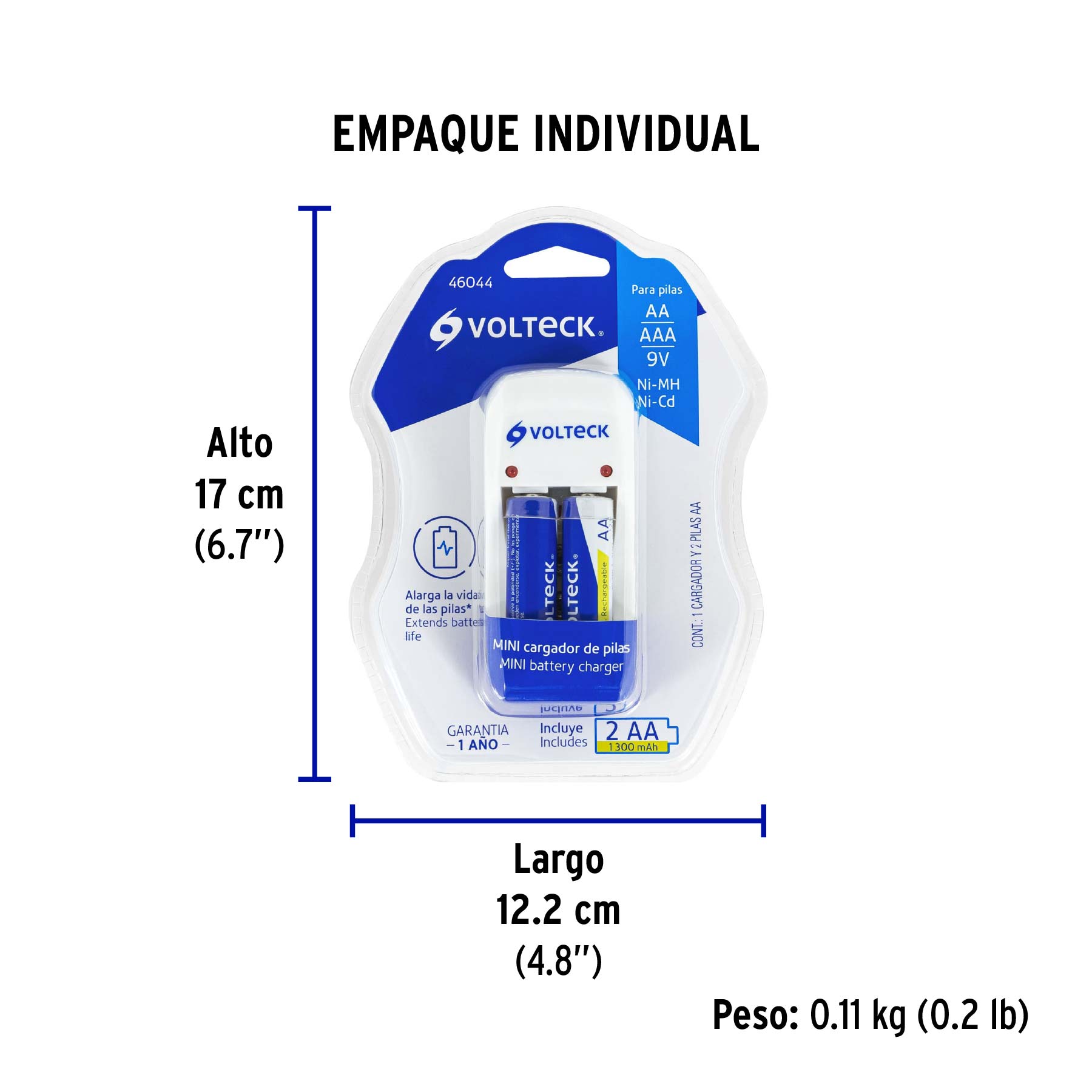 Cargador de pilas, AA, AAA y 9V, incluye 2 pilas AA, VOLTECK - Empaque