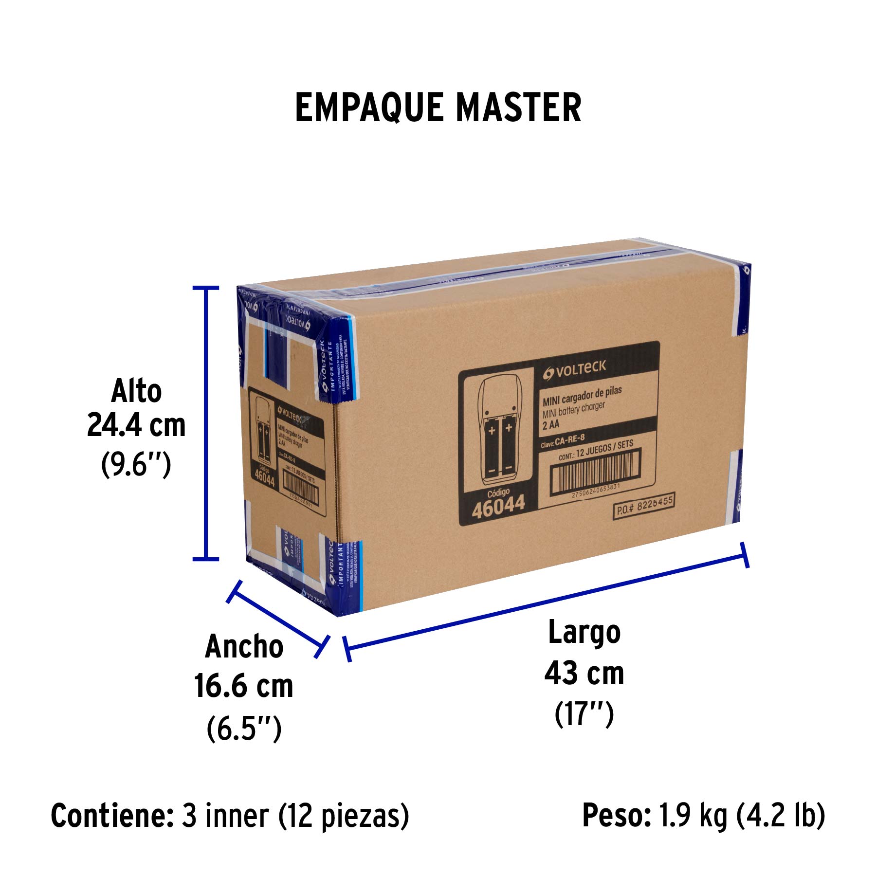 Cargador de pilas, AA, AAA y 9V, incluye 2 pilas AA, VOLTECK - Empaque