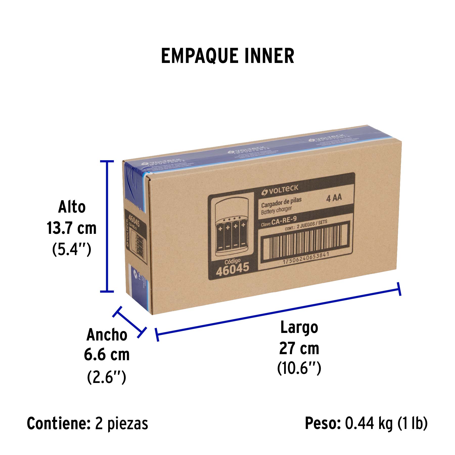 Cargador de pilas, AA, AAA y 9V, incluye 4 pilas AA, VOLTECK - Empaque