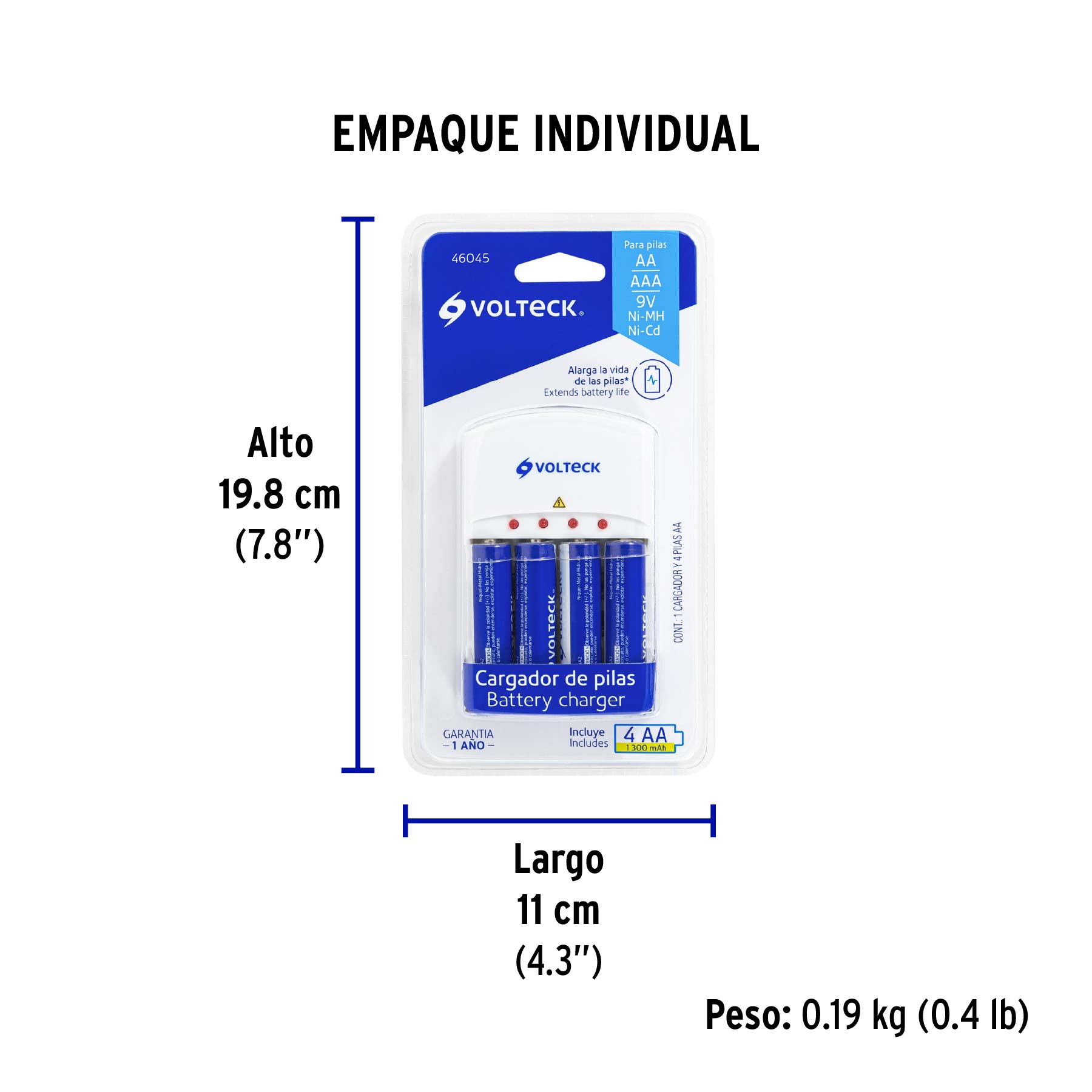 Cargador de pilas, AA, AAA y 9V, incluye 4 pilas AA, VOLTECK - Empaque