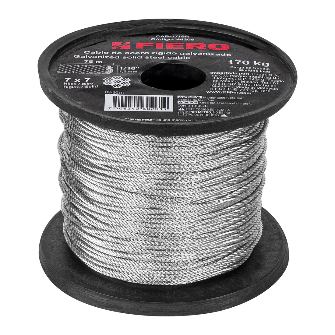 Metro de cable rígido 1/16" de acero 7x7 hilos, 75 m, FIERO