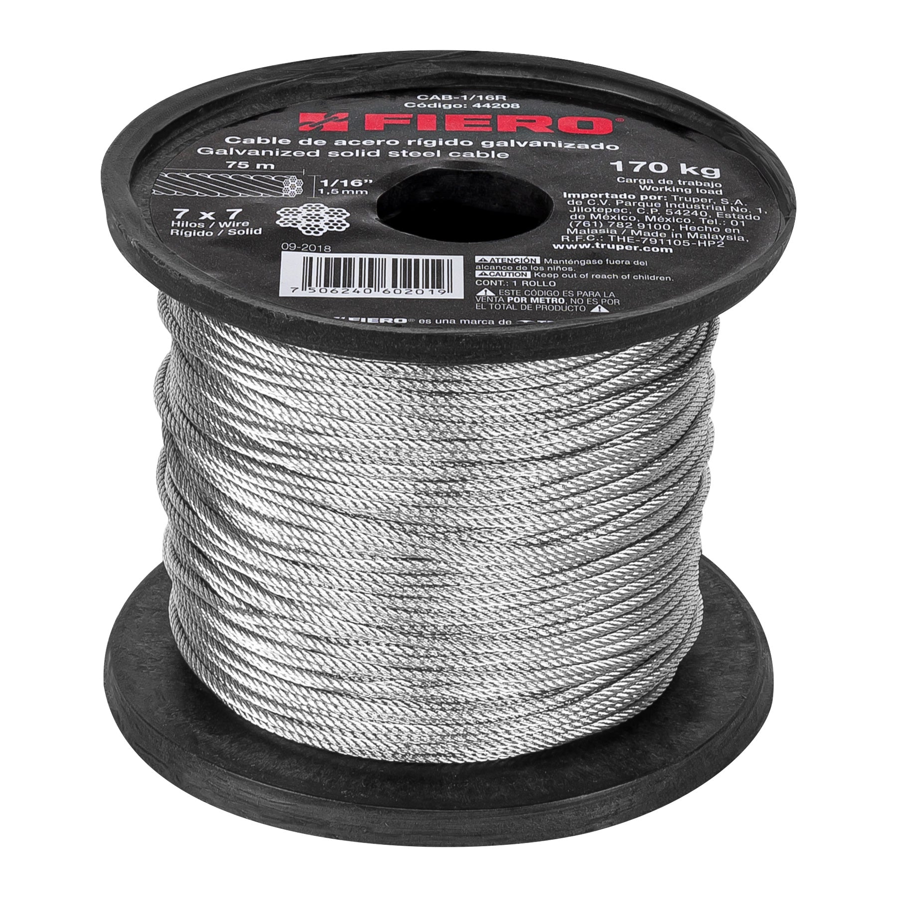 Metro de cable rígido 1/16" de acero 7x7 hilos, 75 m, FIERO