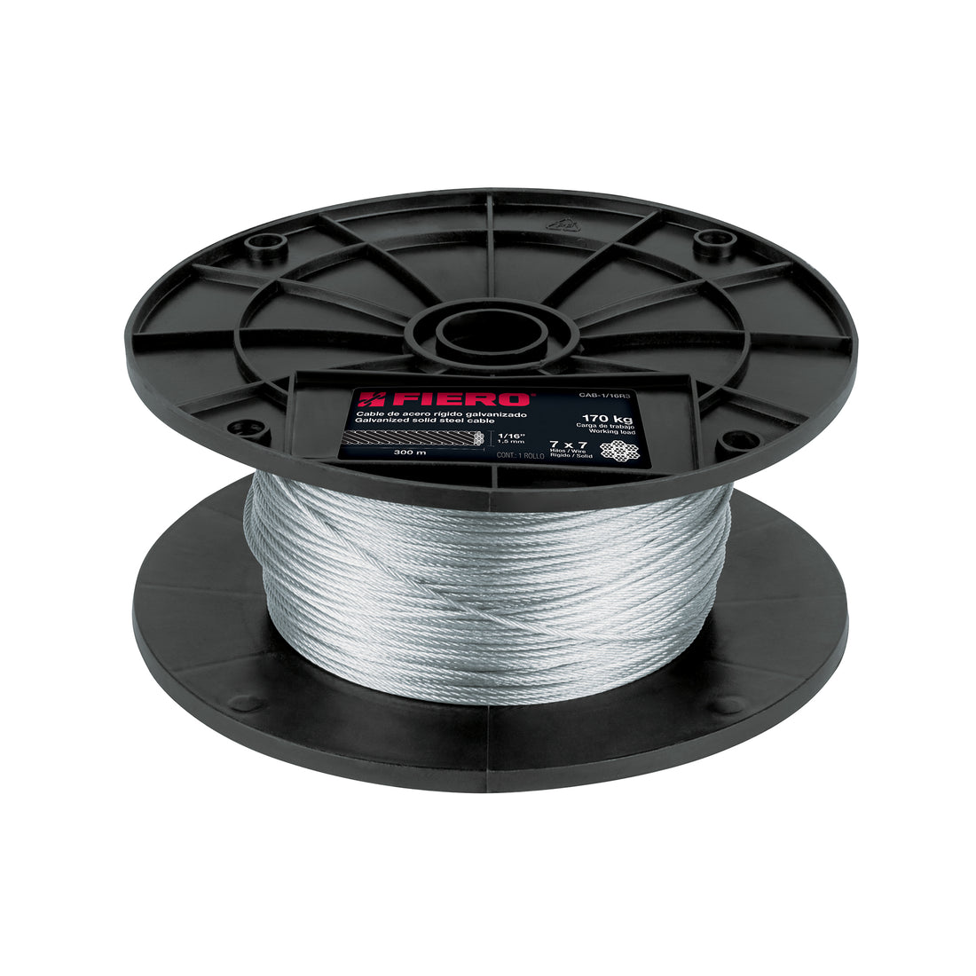 Metro de cable rígido 1/16" de acero 7x7 hilos, 300 m, FIERO