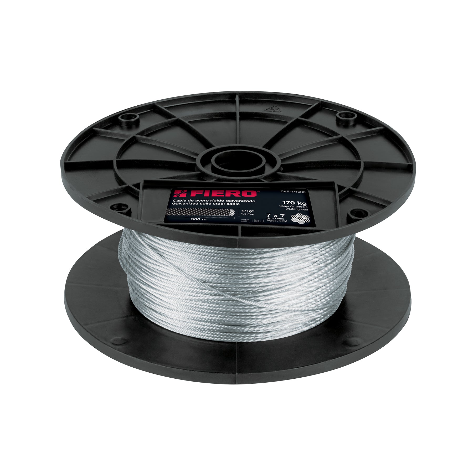 Metro de cable rígido 1/16" de acero 7x7 hilos, 300 m, FIERO