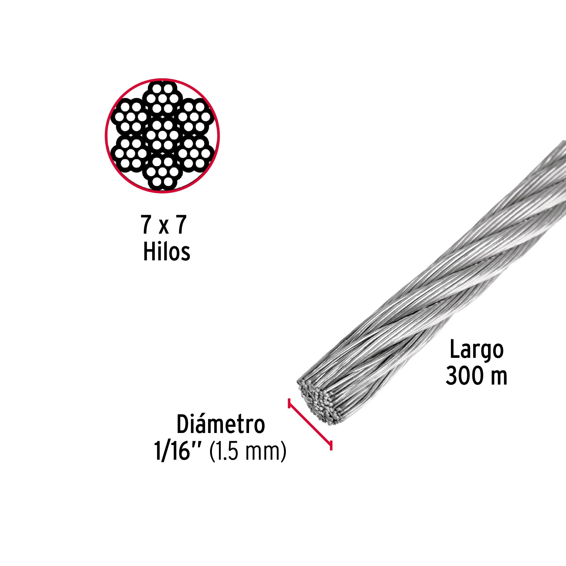 Metro de cable rígido 1/16" de acero 7x7 hilos, 300 m, FIERO