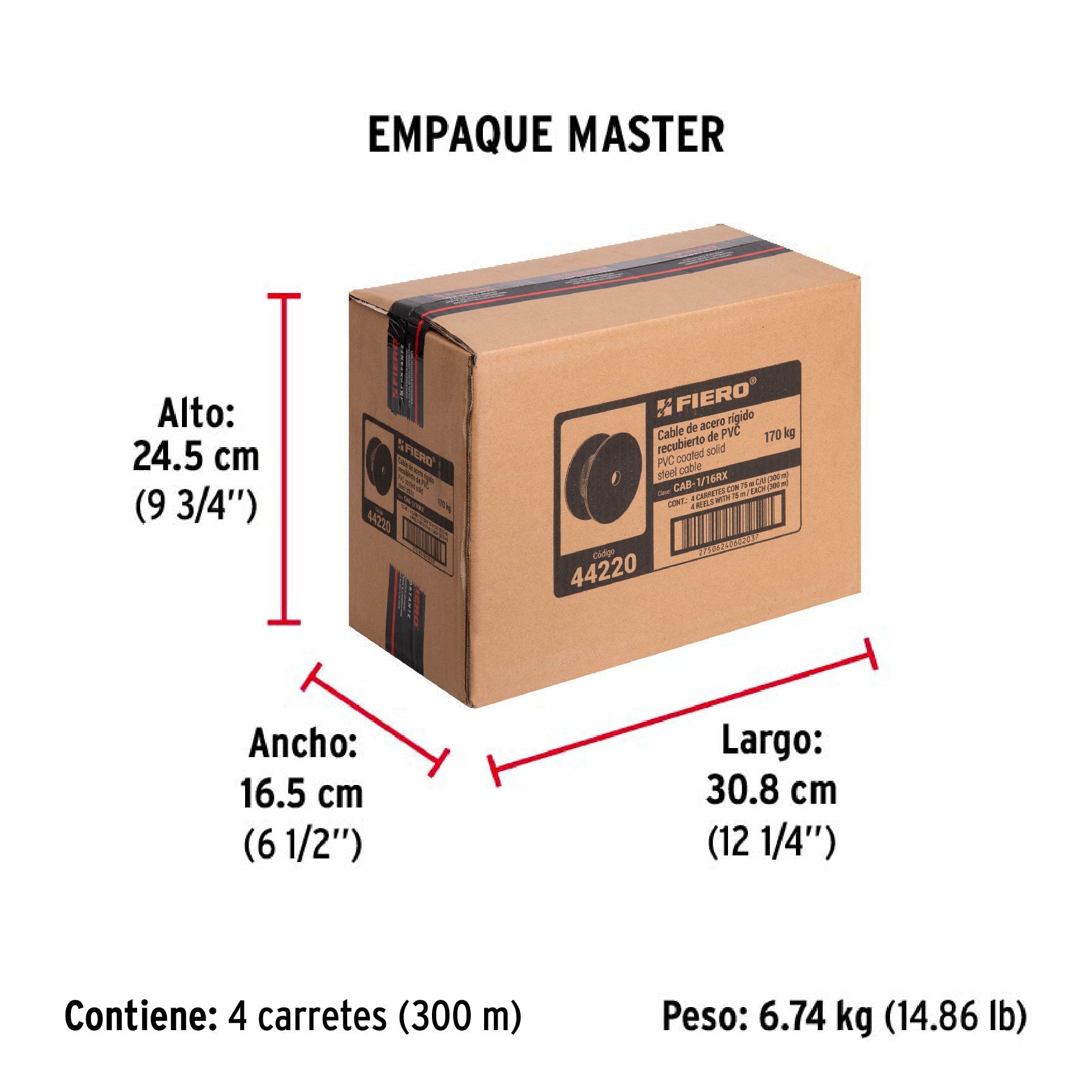 Metro de cable rígido 1/16" acero 7x7 recubierto PVC, 75 m - Empaque