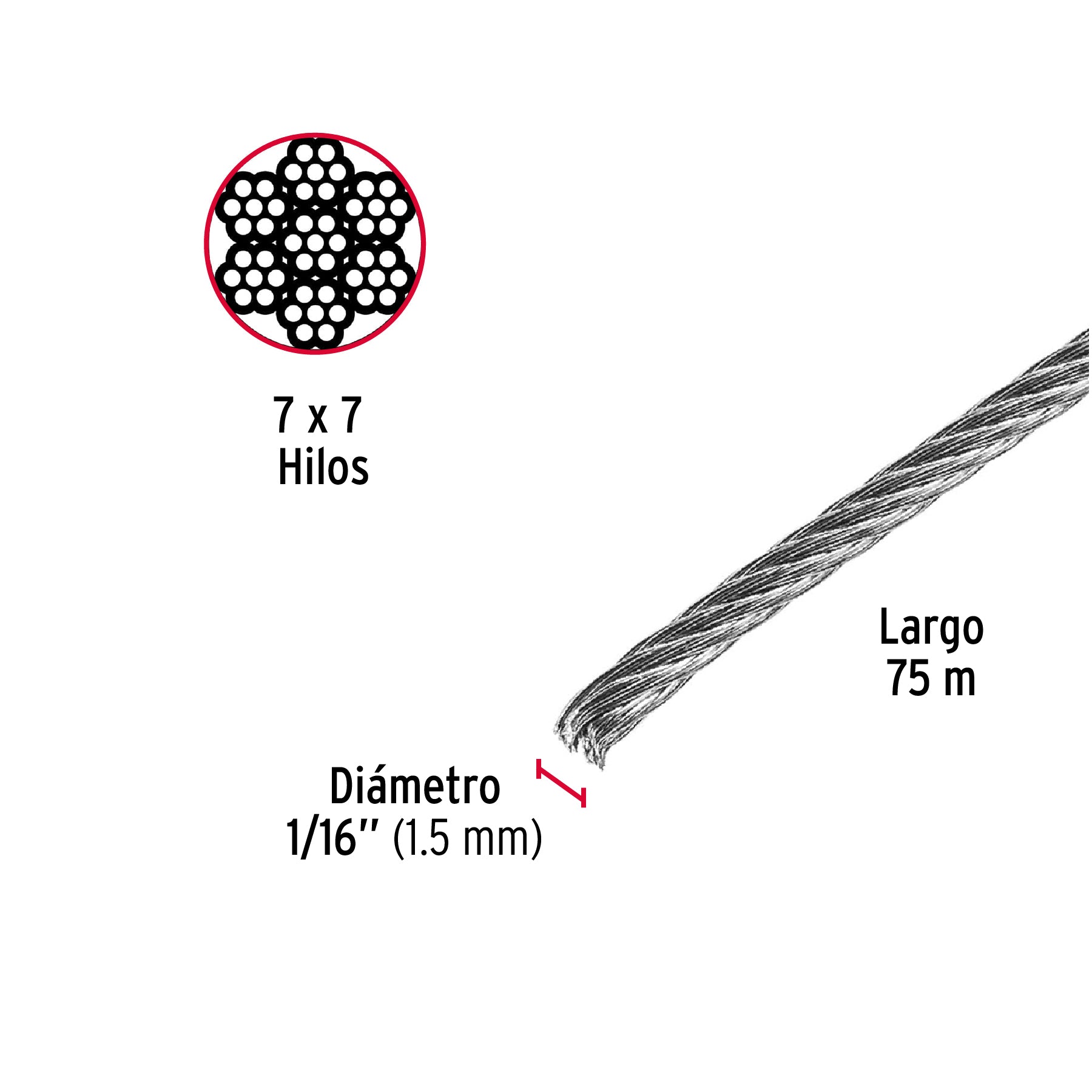 Metro de cable rígido 1/16" de acero 7x7 hilos, 75 m, FIERO