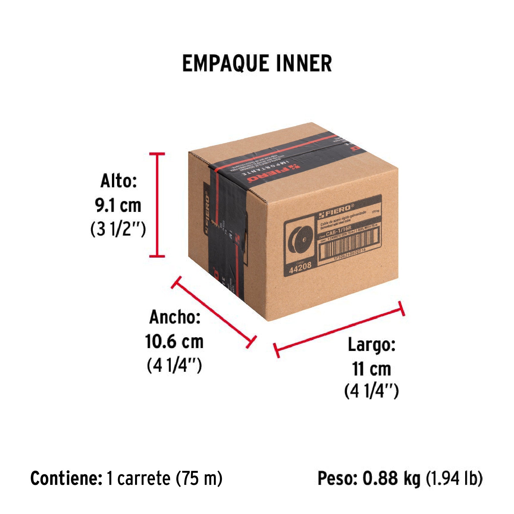 Metro de cable rígido 1/16" de acero 7x7 hilos, 75 m, FIERO - Empaque
