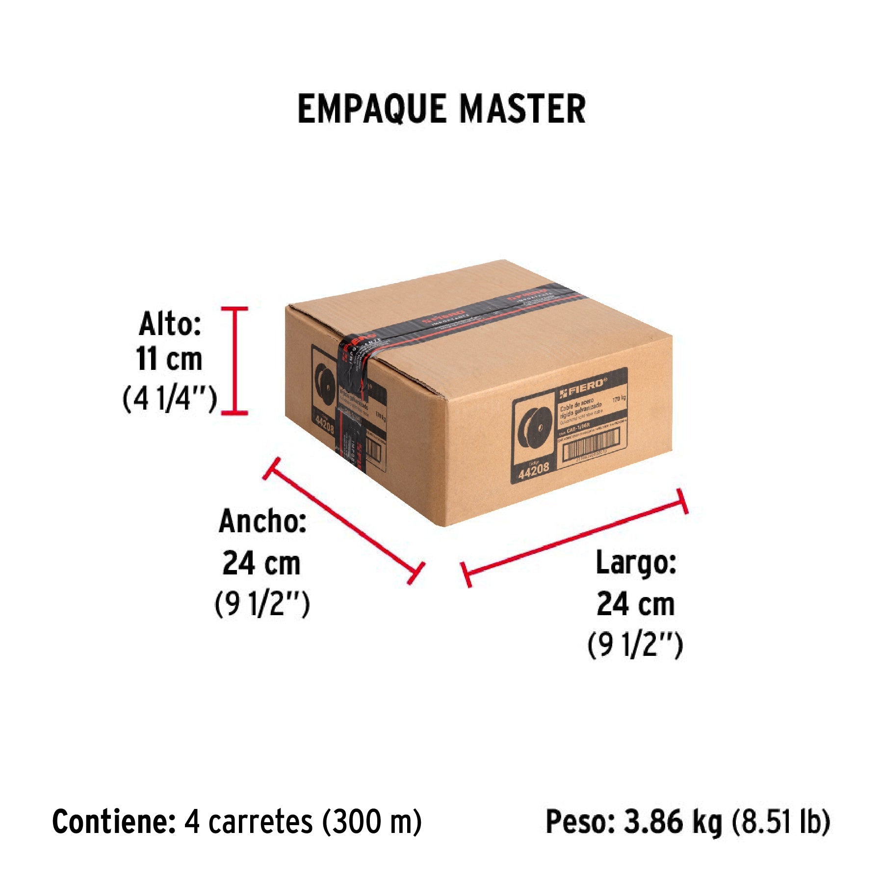 Metro de cable rígido 1/16" de acero 7x7 hilos, 75 m, FIERO - Empaque