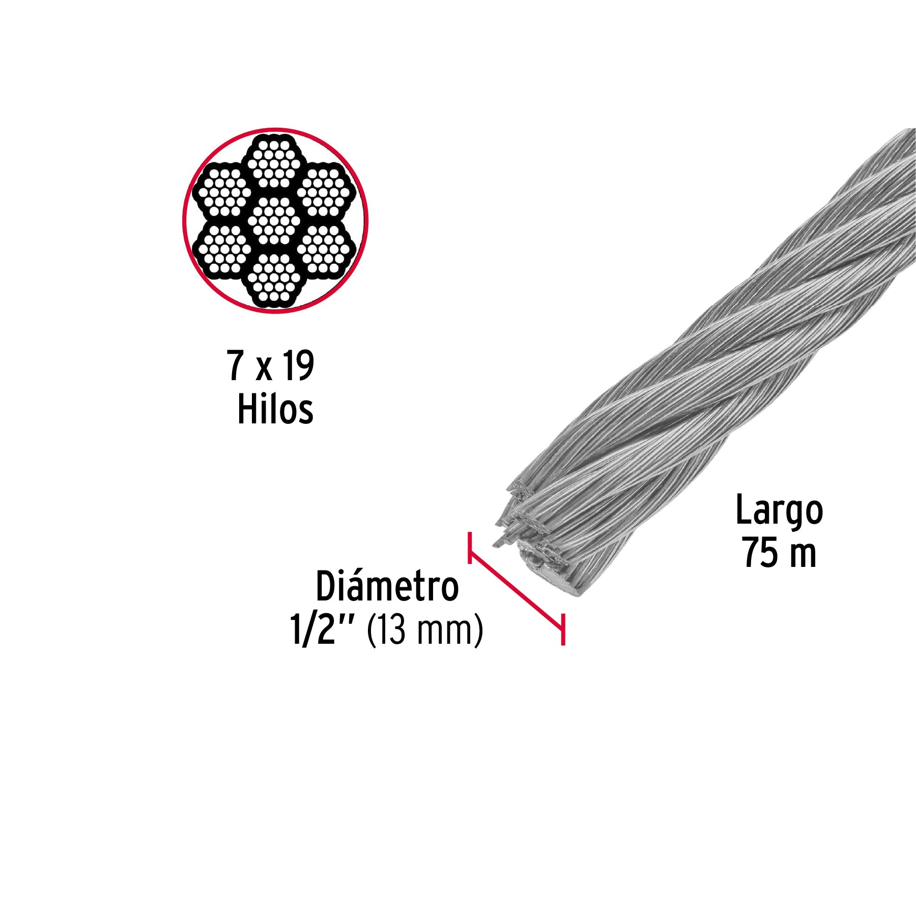 Metro de cable flexible 1/2" de acero 7x19 hilos, 75 m