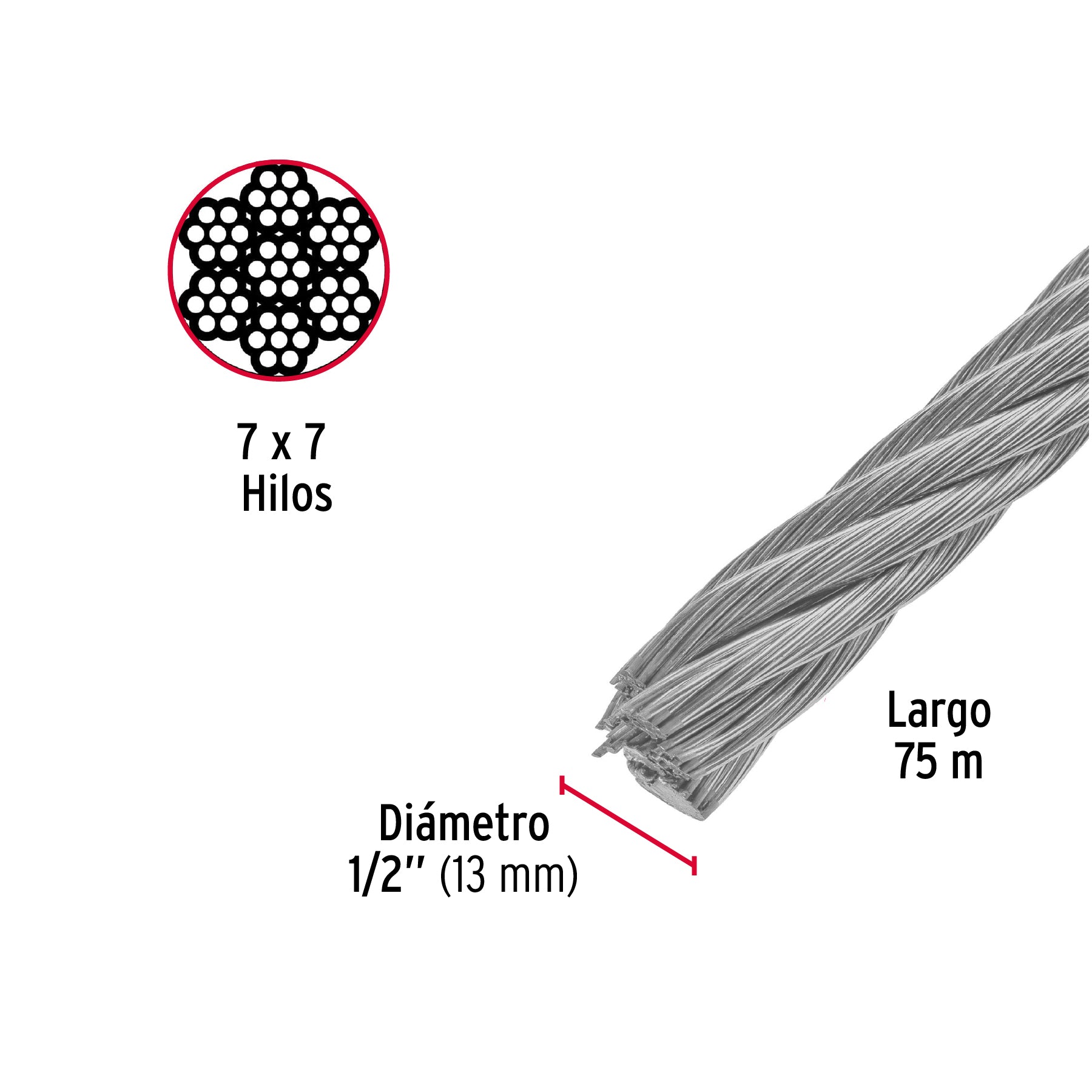 Metro de cable rígido 1/2" de acero 7x7 hilos, 75 m, FIERO