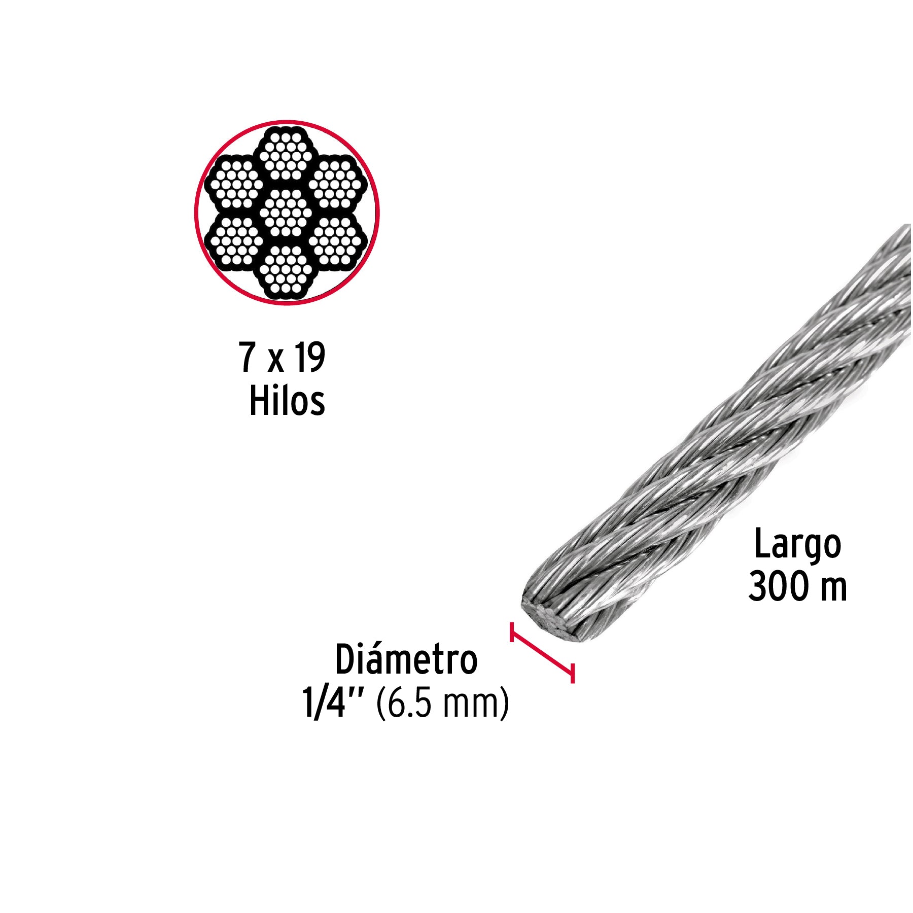 Metro de cable flexible 1/4" de acero 7x19 hilos, 300 m