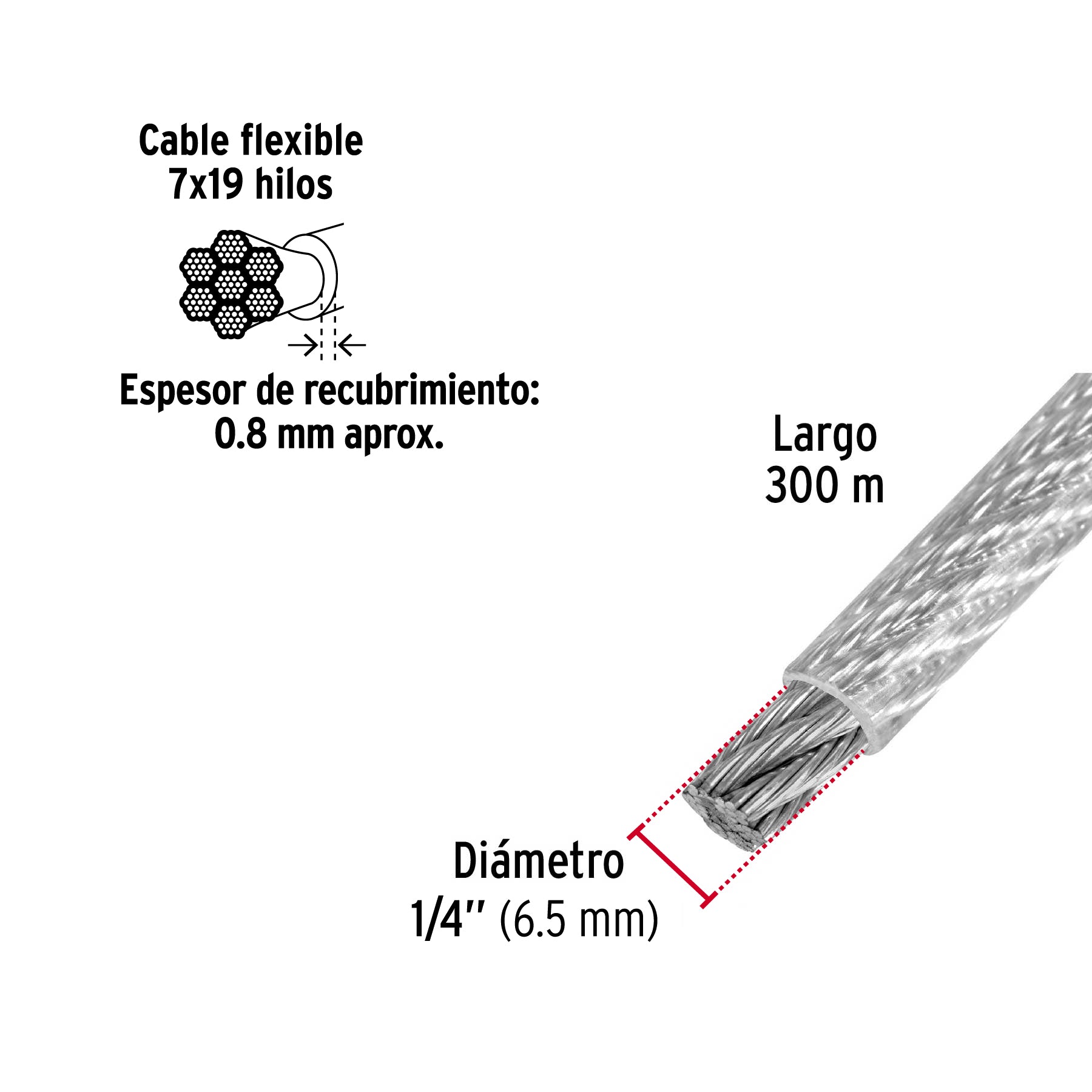 Metro cable flexible 1/4" acero 7x19 recubierto PVC, 300 m