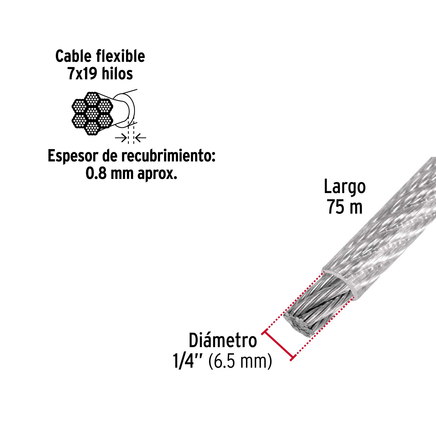 Metro cable flexible 1/4" acero 7x19 recubierto PVC, 75 m
