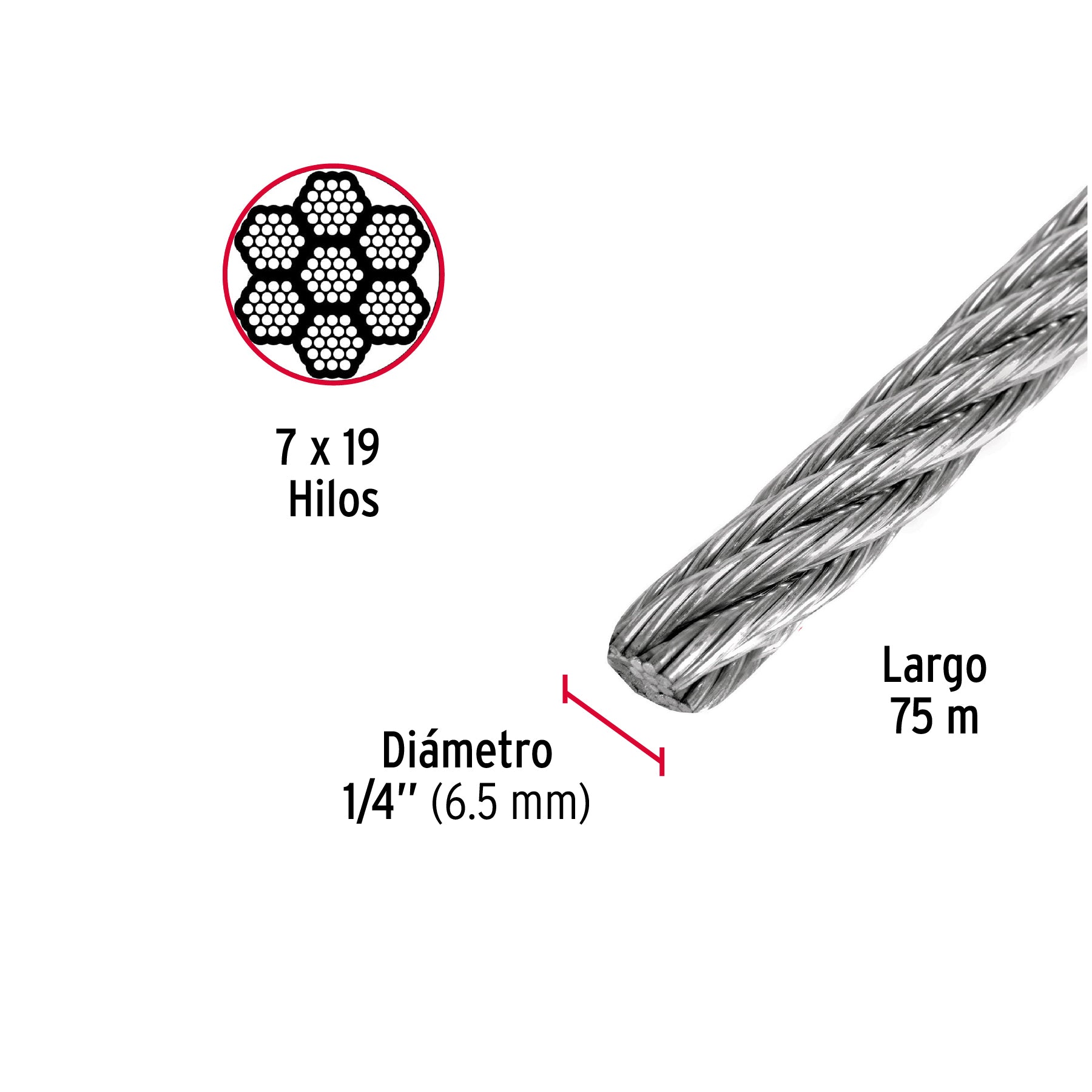 Metro de cable flexible 1/4" de acero 7x19 hilos, 75 m