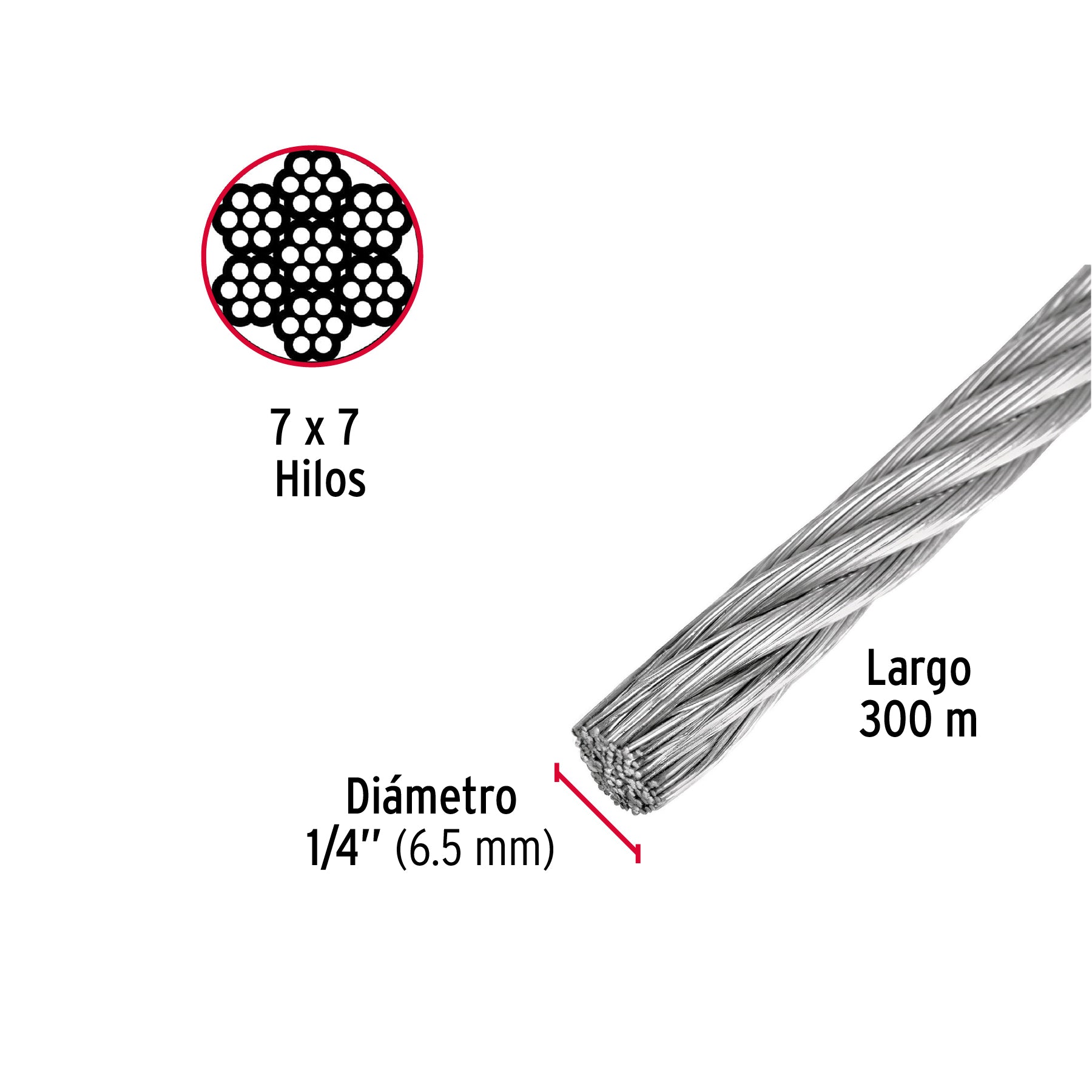 Metro de cable rígido 1/4" de acero 7x7 hilos, 300 m, FIERO