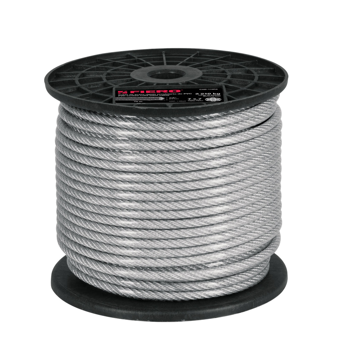 Metro de cable rígido 1/4" acero 7x7 recubierto PVC, 75 m