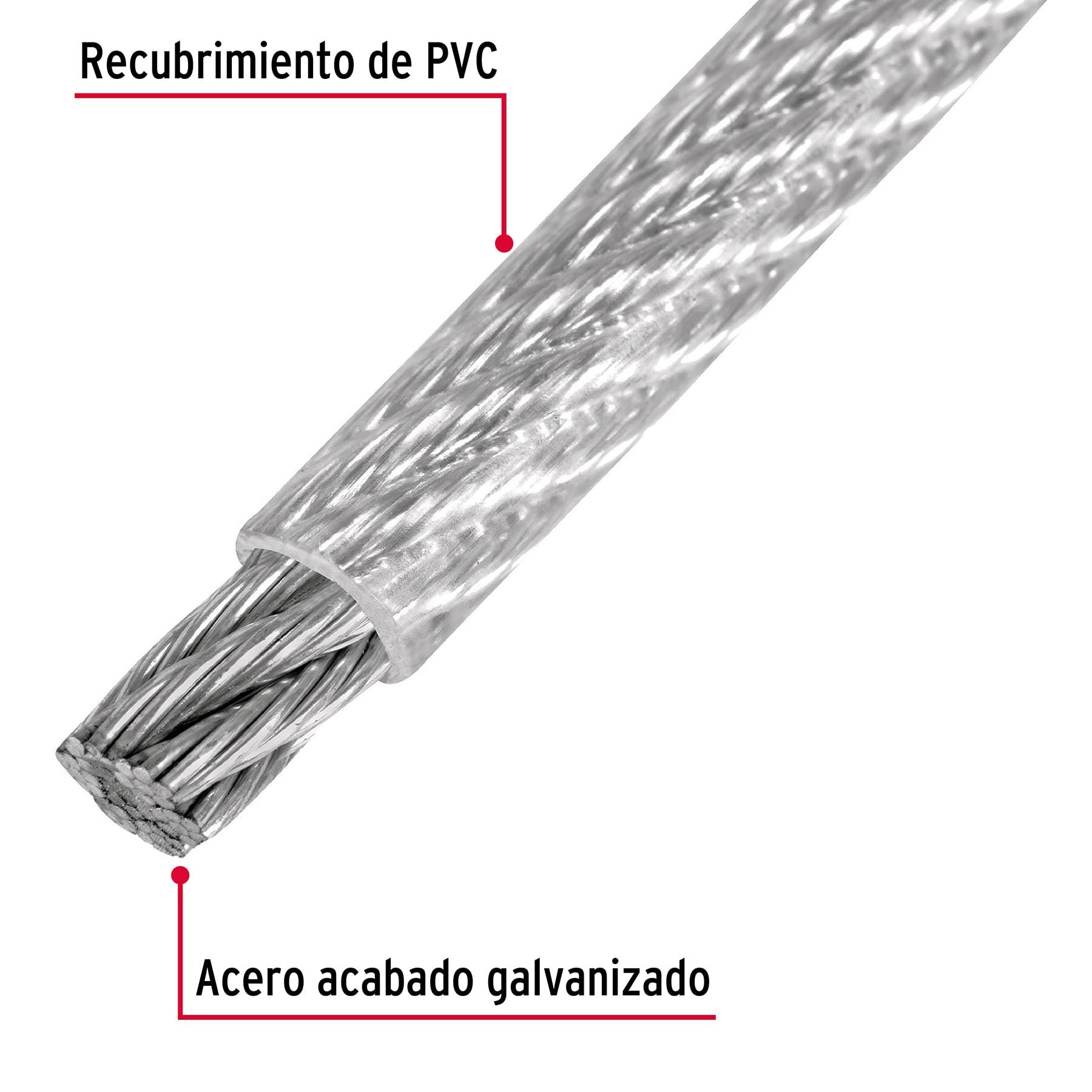 Metro de cable rígido 1/4" acero 7x7 recubierto PVC, 75 m