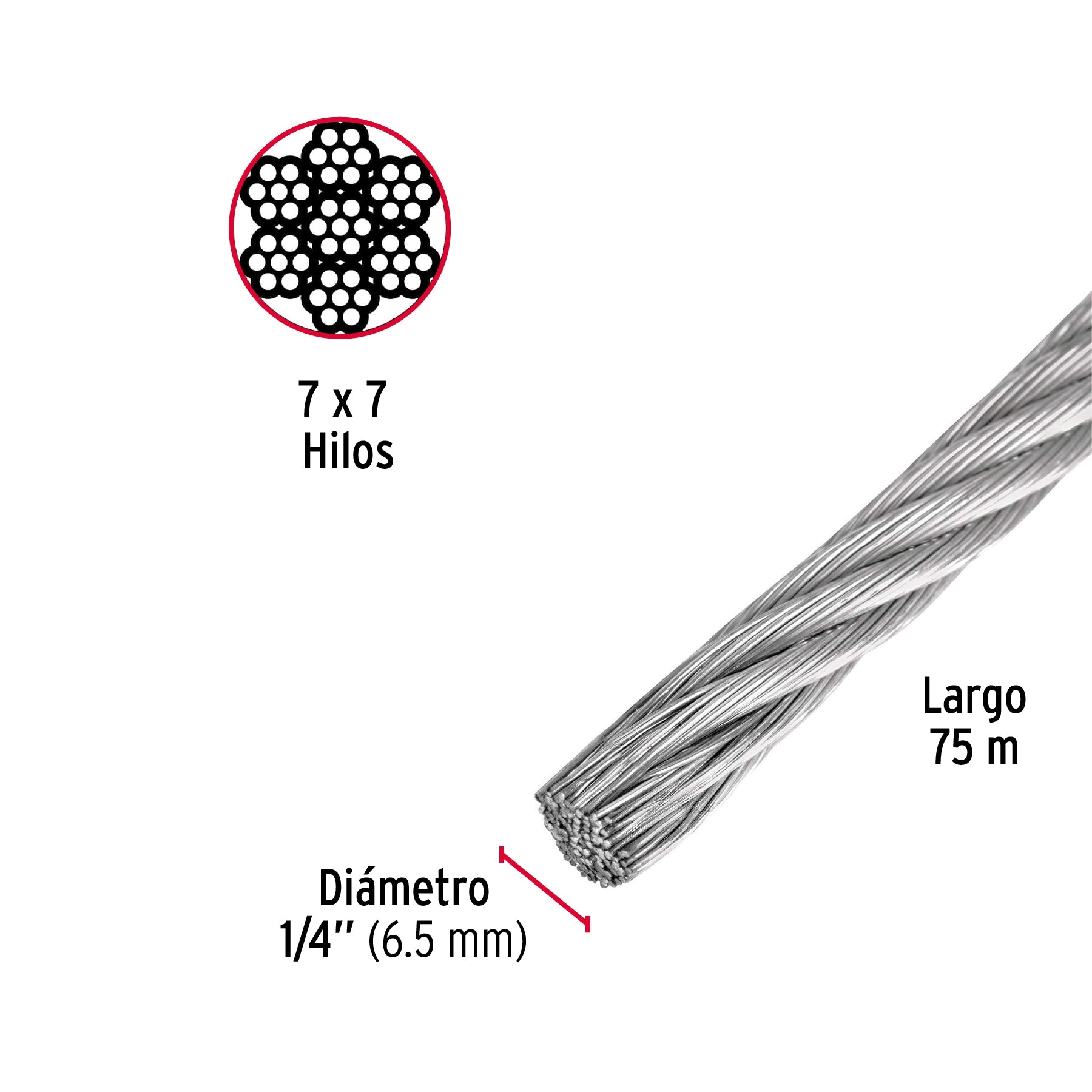 Metro de cable rígido 1/4" de acero 7x7 hilos, 75 m, FIERO