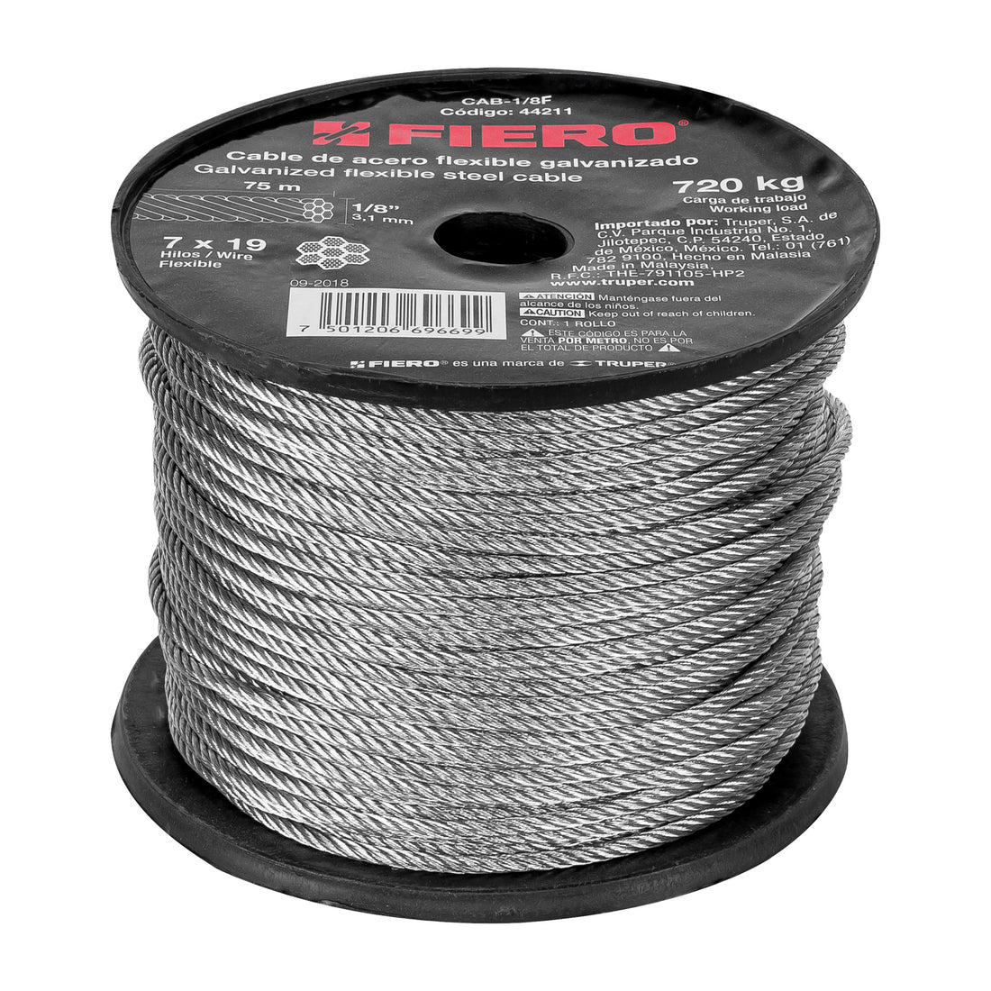 Metro de cable flexible 1/8" de acero 7x19 hilos, 75 m
