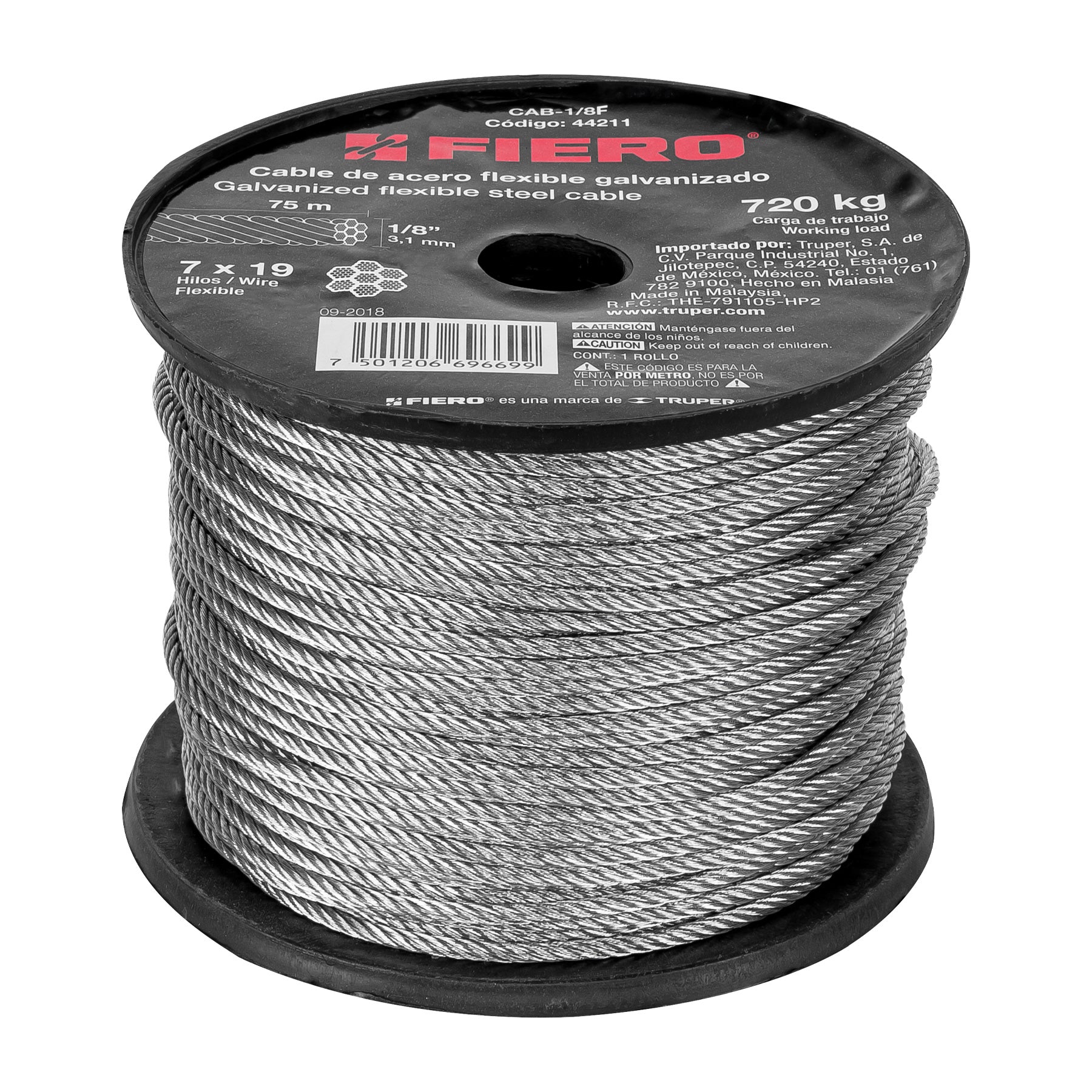 Metro de cable flexible 1/8" de acero 7x19 hilos, 75 m
