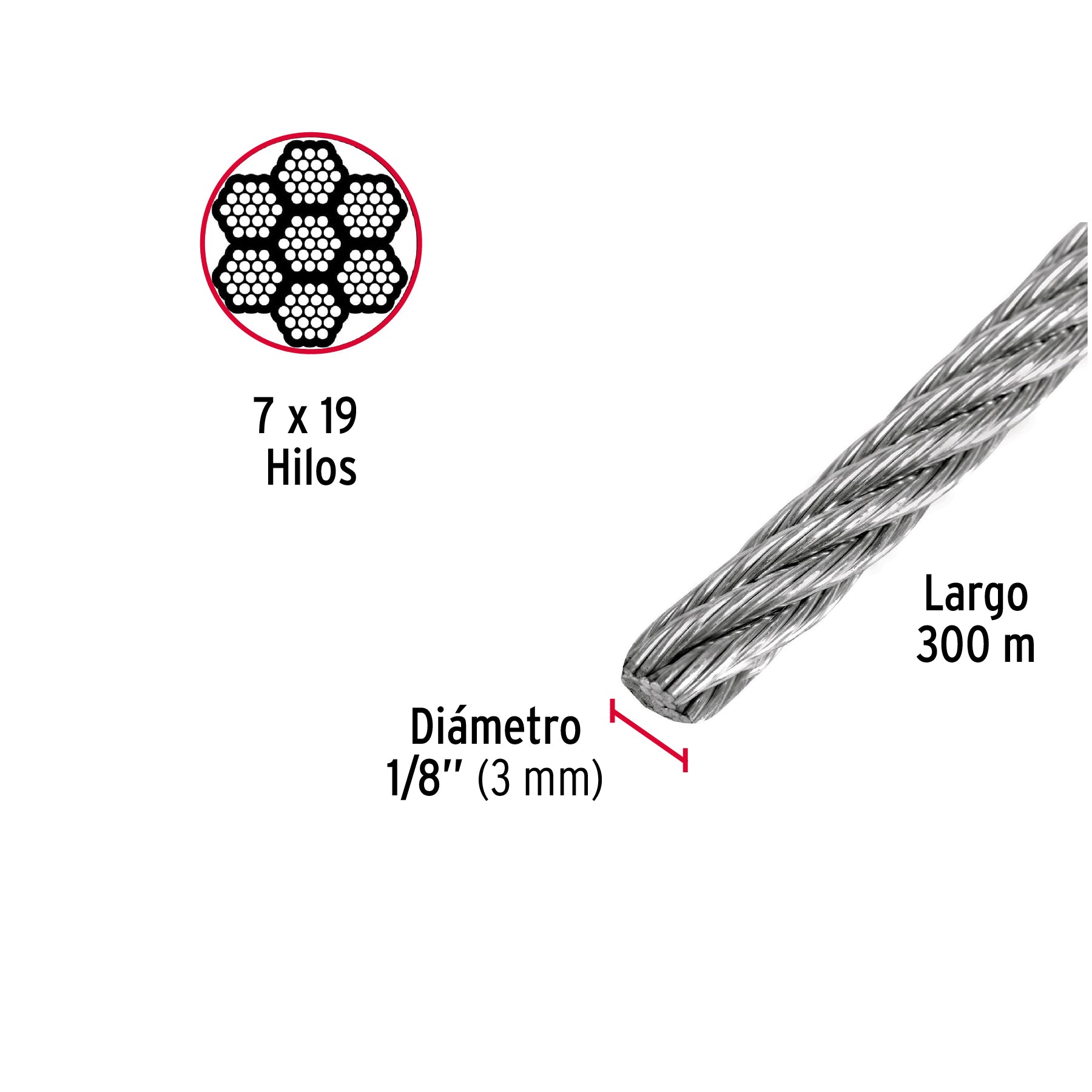 Metro de cable flexible 1/8" de acero 7x19 hilos, 300 m