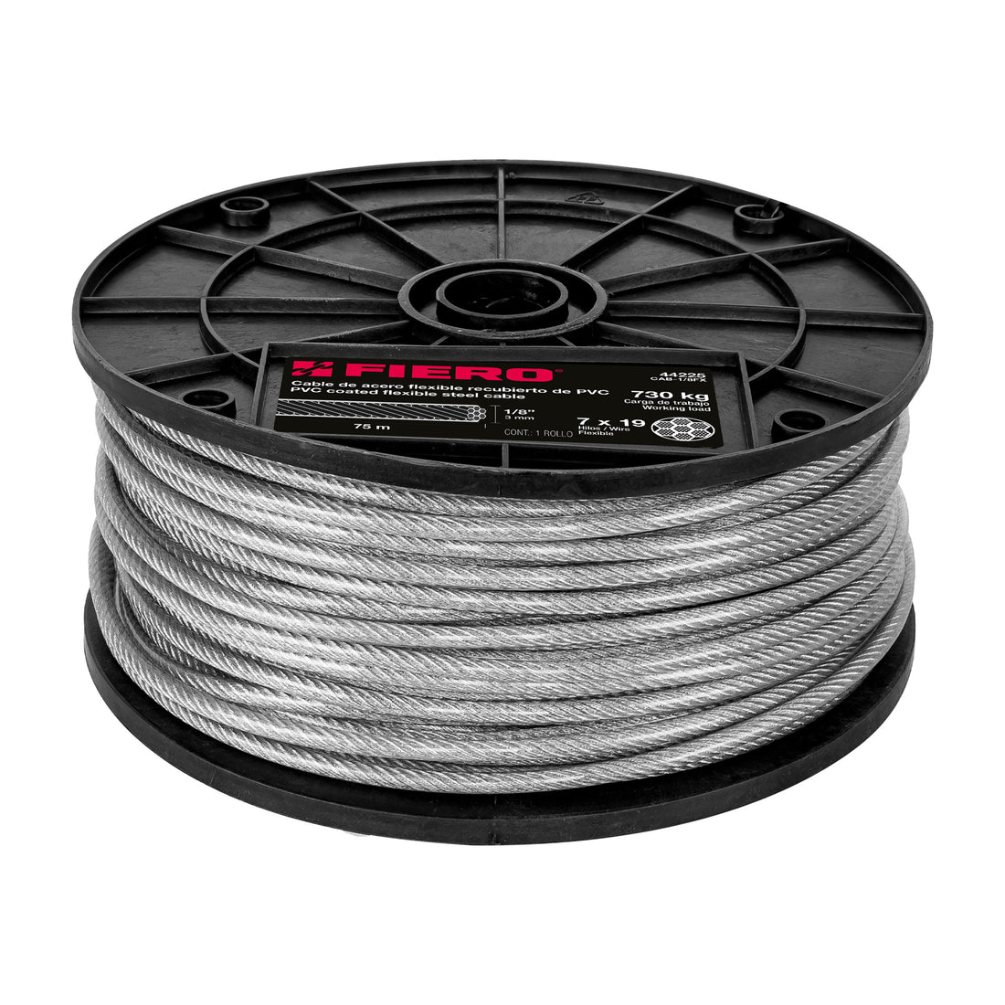 Metro cable flexible 1/8" acero 7x19 recubierto PVC, 75 m