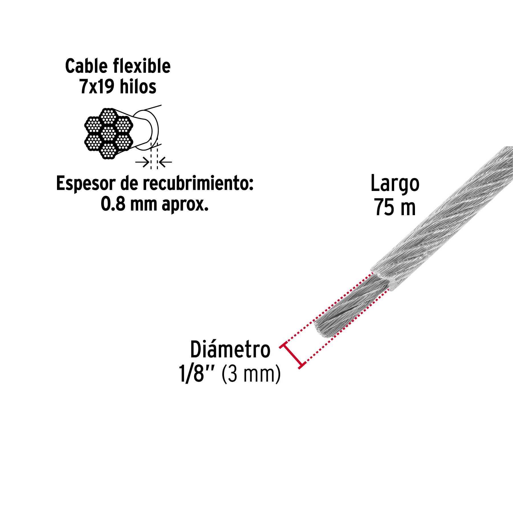 Metro cable flexible 1/8" acero 7x19 recubierto PVC, 75 m