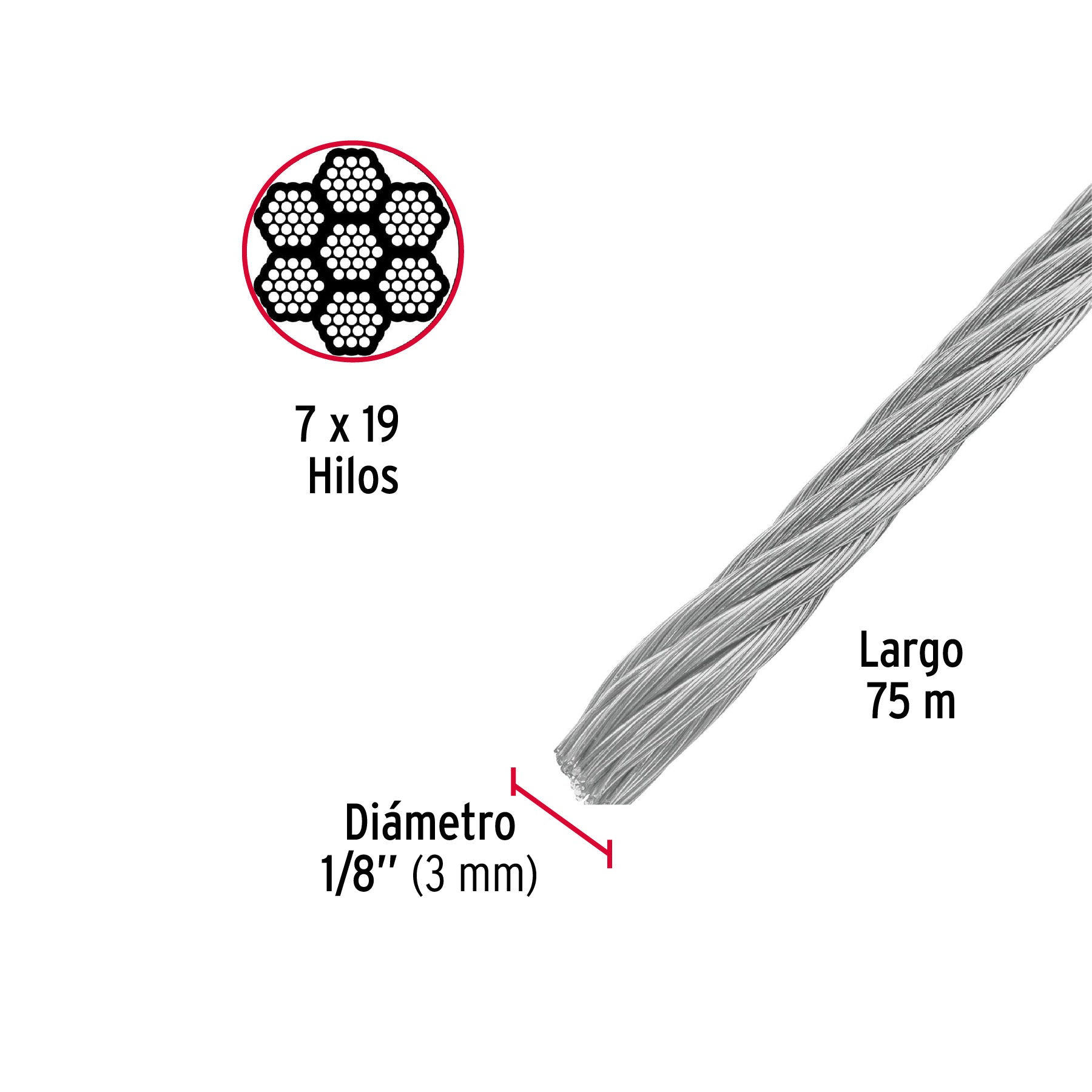 Metro de cable flexible 1/8" de acero 7x19 hilos, 75 m