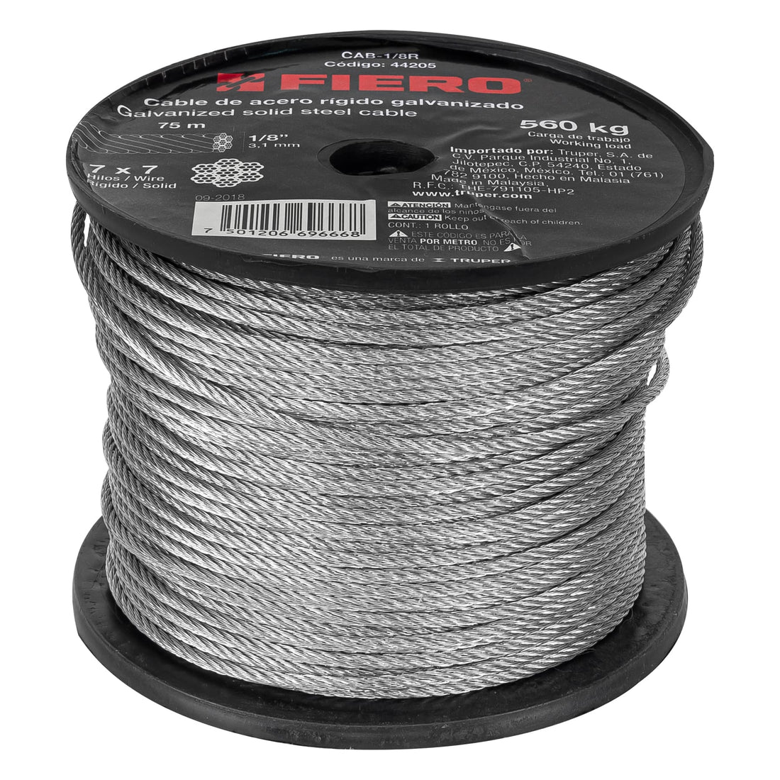 Metro de cable rígido 1/8" de acero 7x7 hilos, 75 m, FIERO