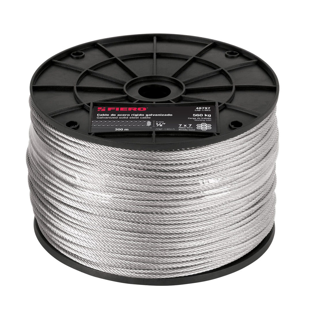 Metro de cable rígido 1/8" de acero 7x7 hilos, 300 m, FIERO