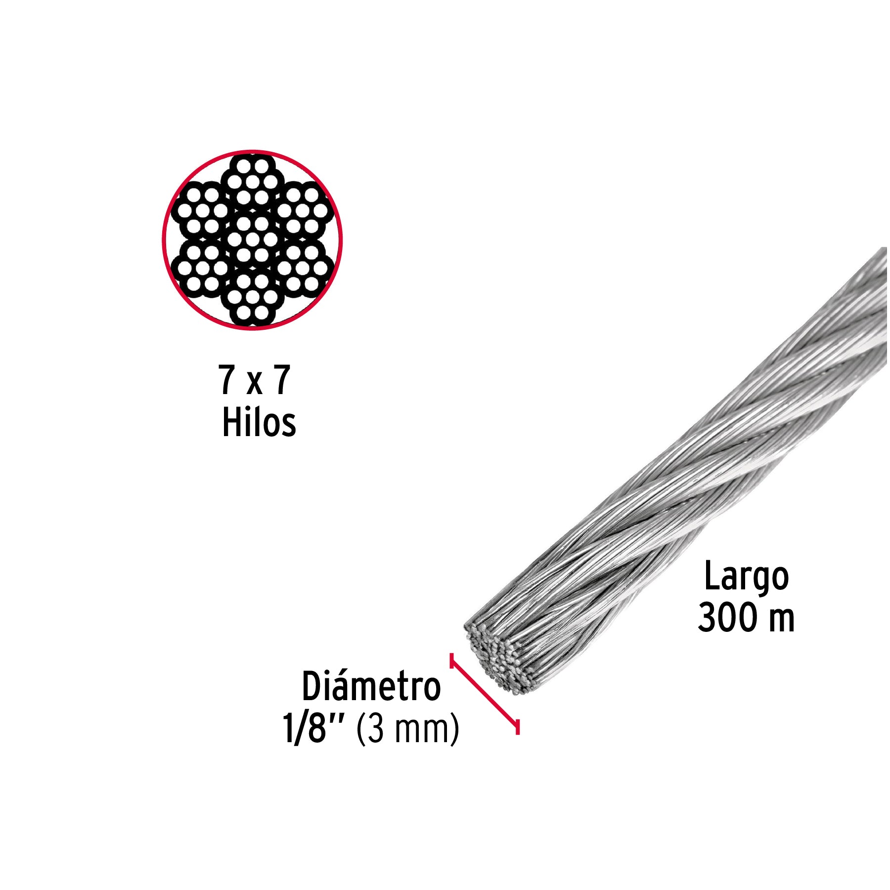 Metro de cable rígido 1/8" de acero 7x7 hilos, 300 m, FIERO