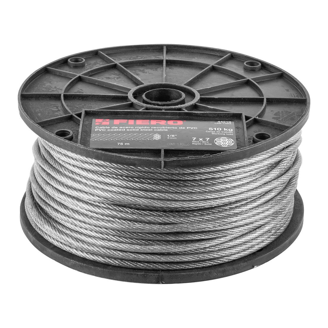 Metro de cable rígido 1/8" acero 7x7 recubierto PVC, 75 m