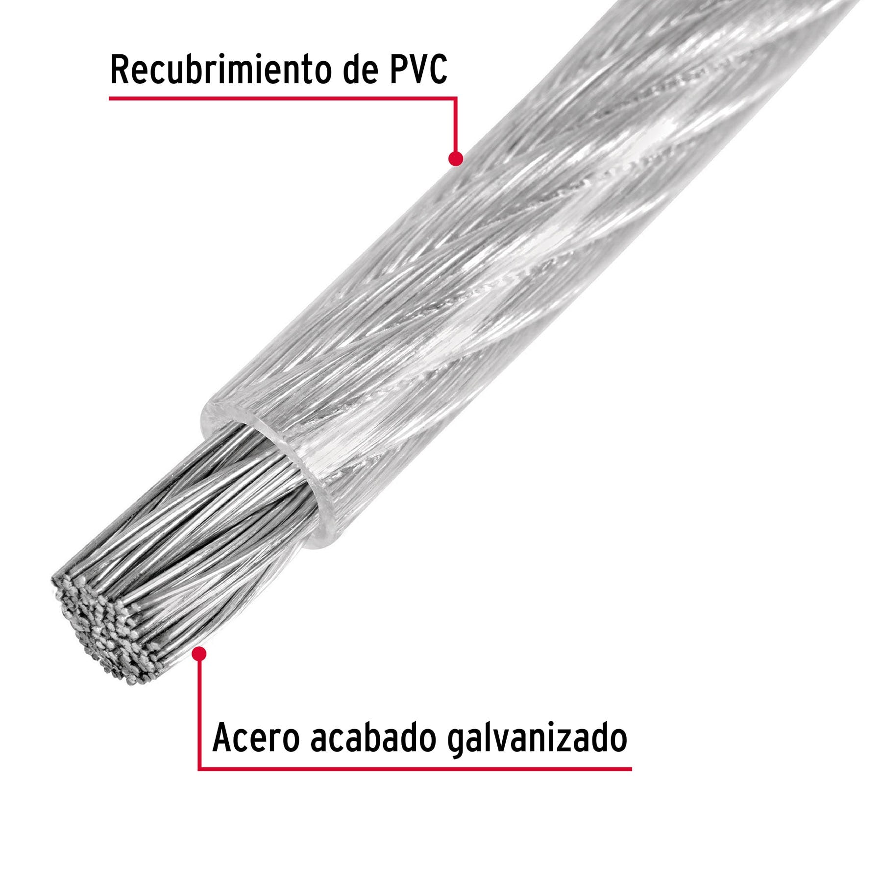 Metro de cable rígido 1/8" acero 7x7 recubierto PVC, 300 m