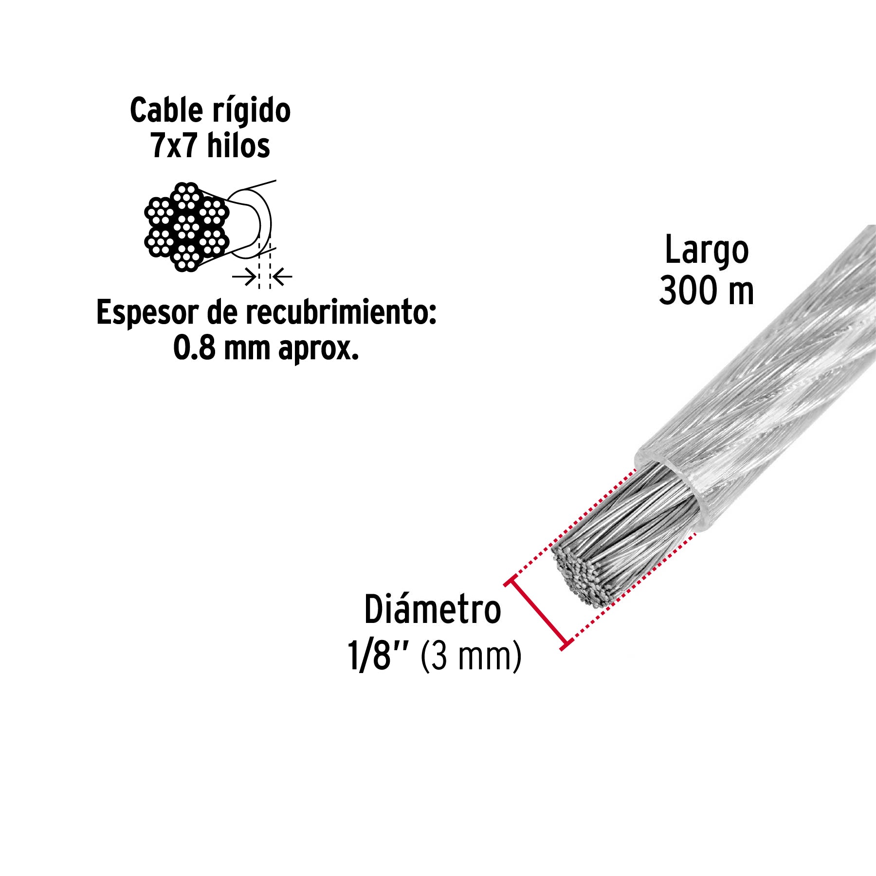 Metro de cable rígido 1/8" acero 7x7 recubierto PVC, 300 m