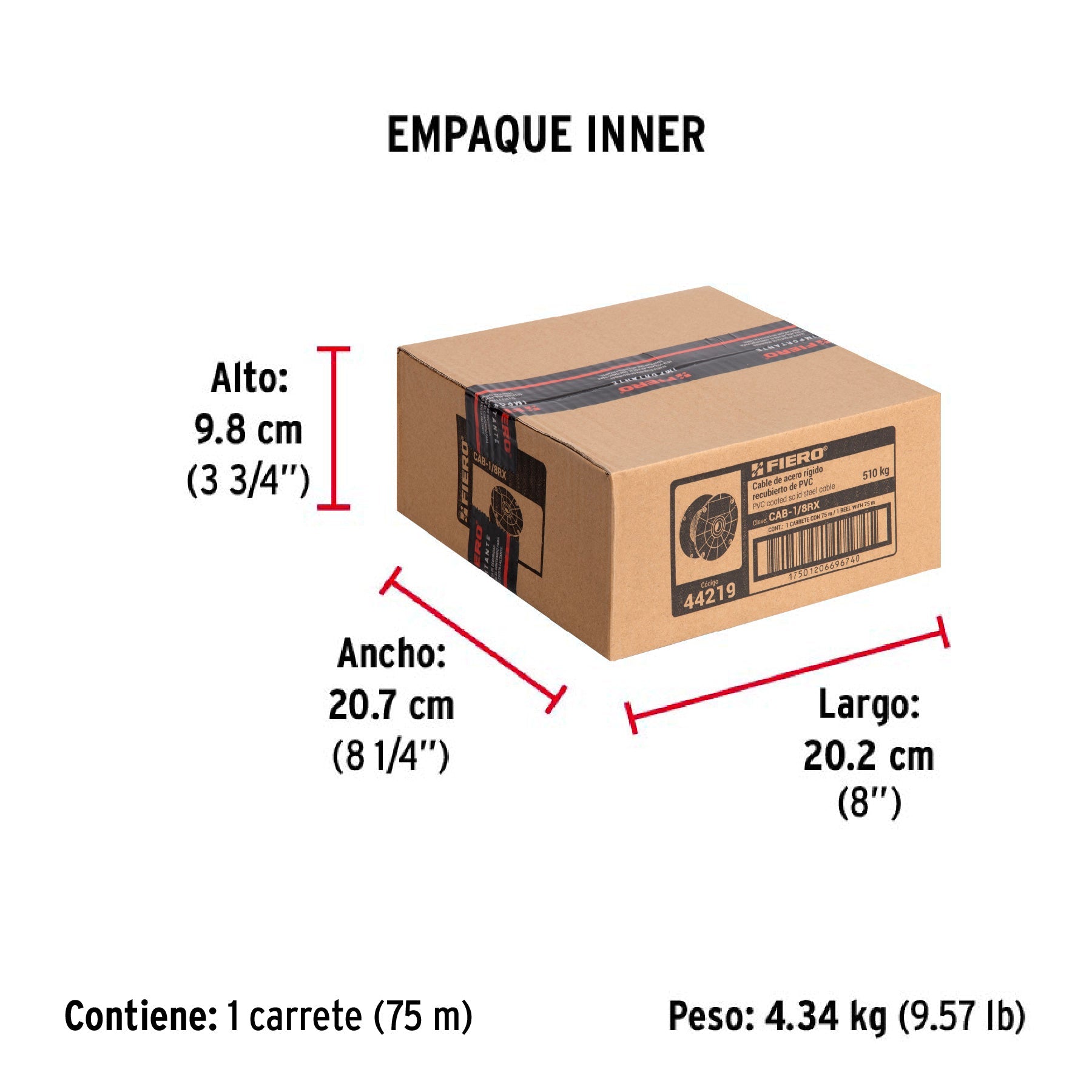 Metro de cable rígido 1/8" acero 7x7 recubierto PVC, 75 m - Empaque