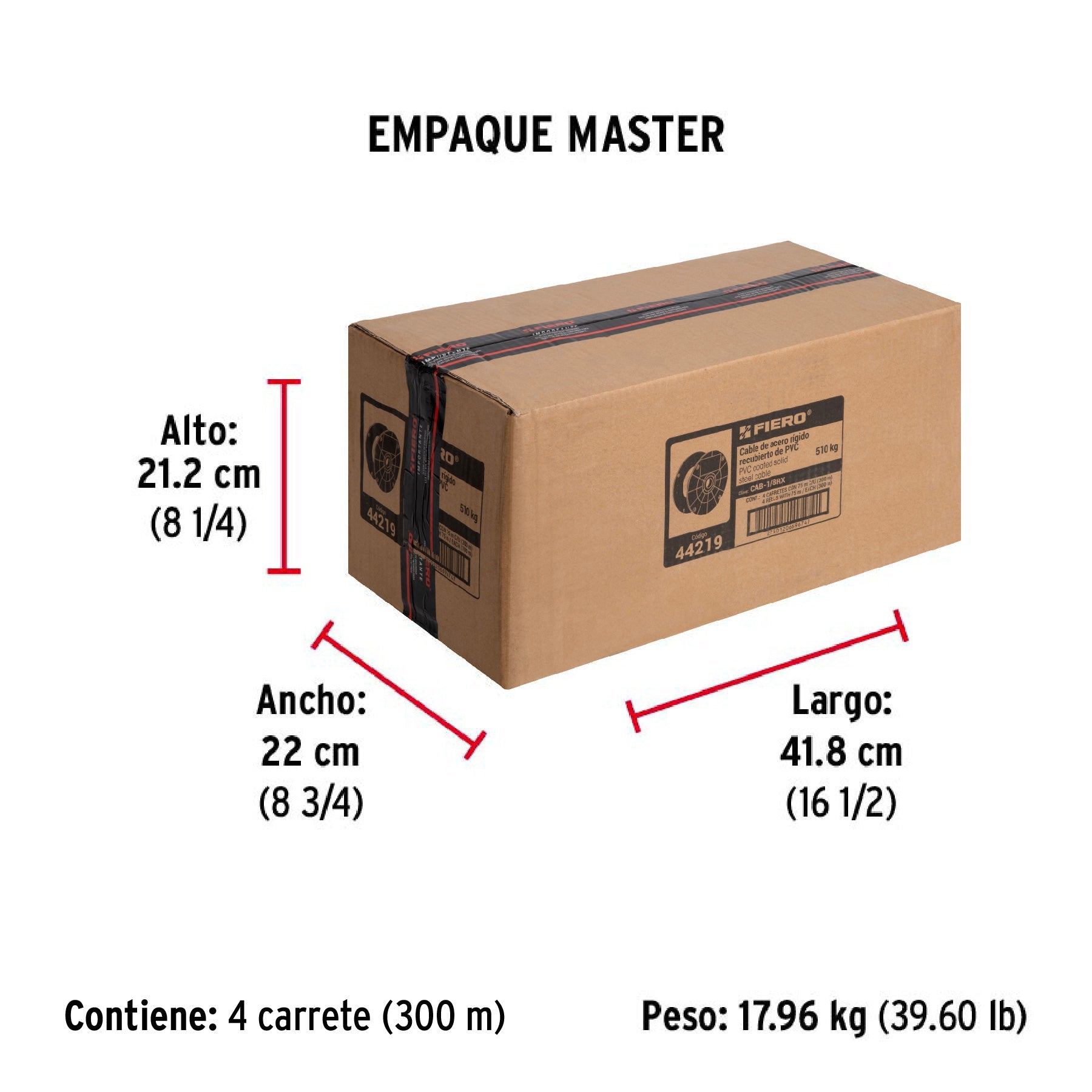 Metro de cable rígido 1/8" acero 7x7 recubierto PVC, 75 m - Empaque