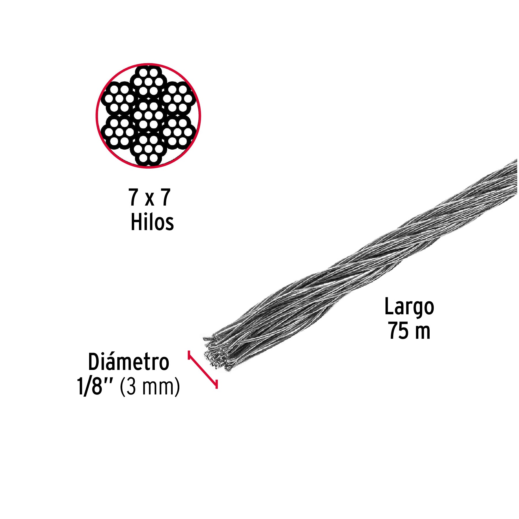 Metro de cable rígido 1/8" de acero 7x7 hilos, 75 m, FIERO