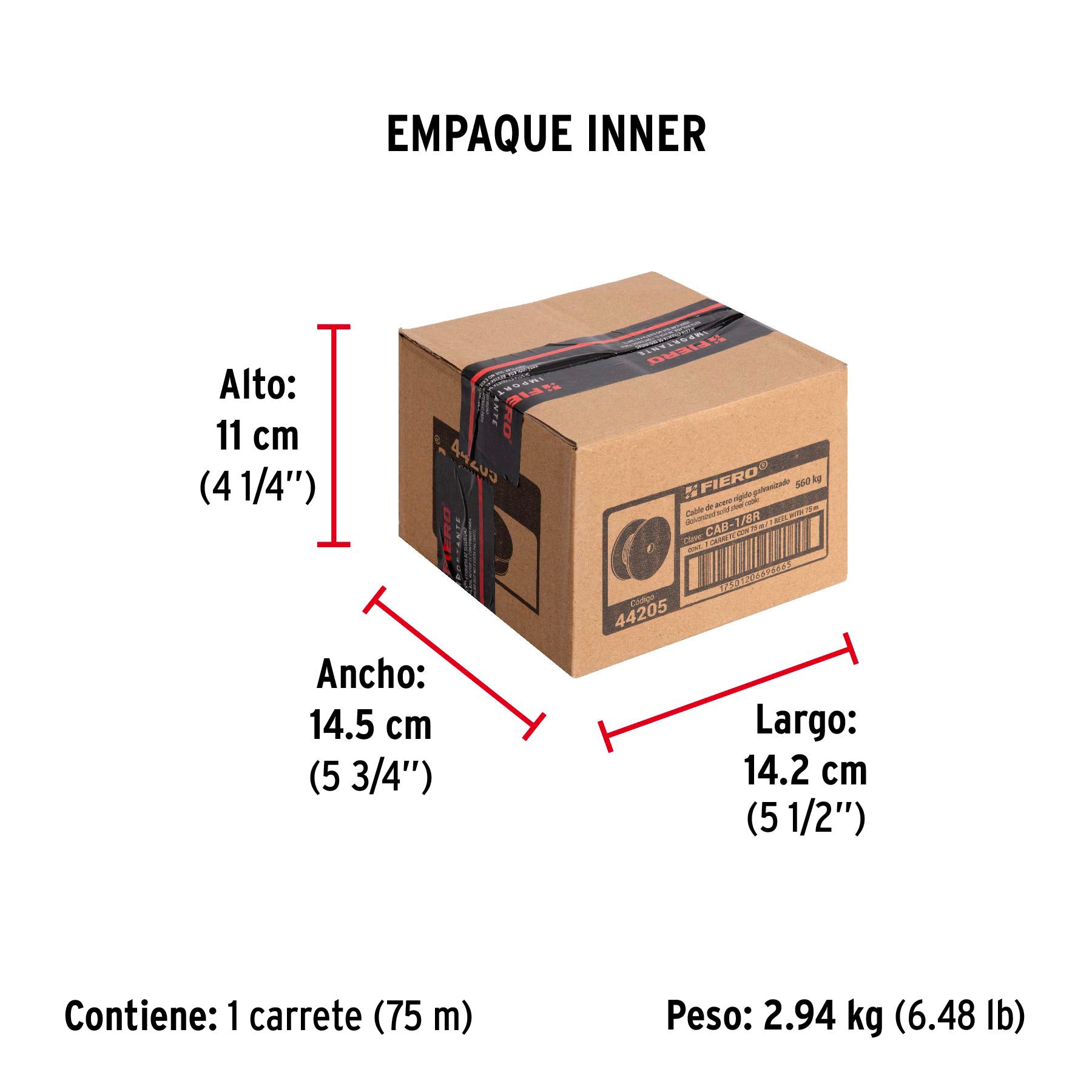 Metro de cable rígido 1/8" de acero 7x7 hilos, 75 m, FIERO - Empaque