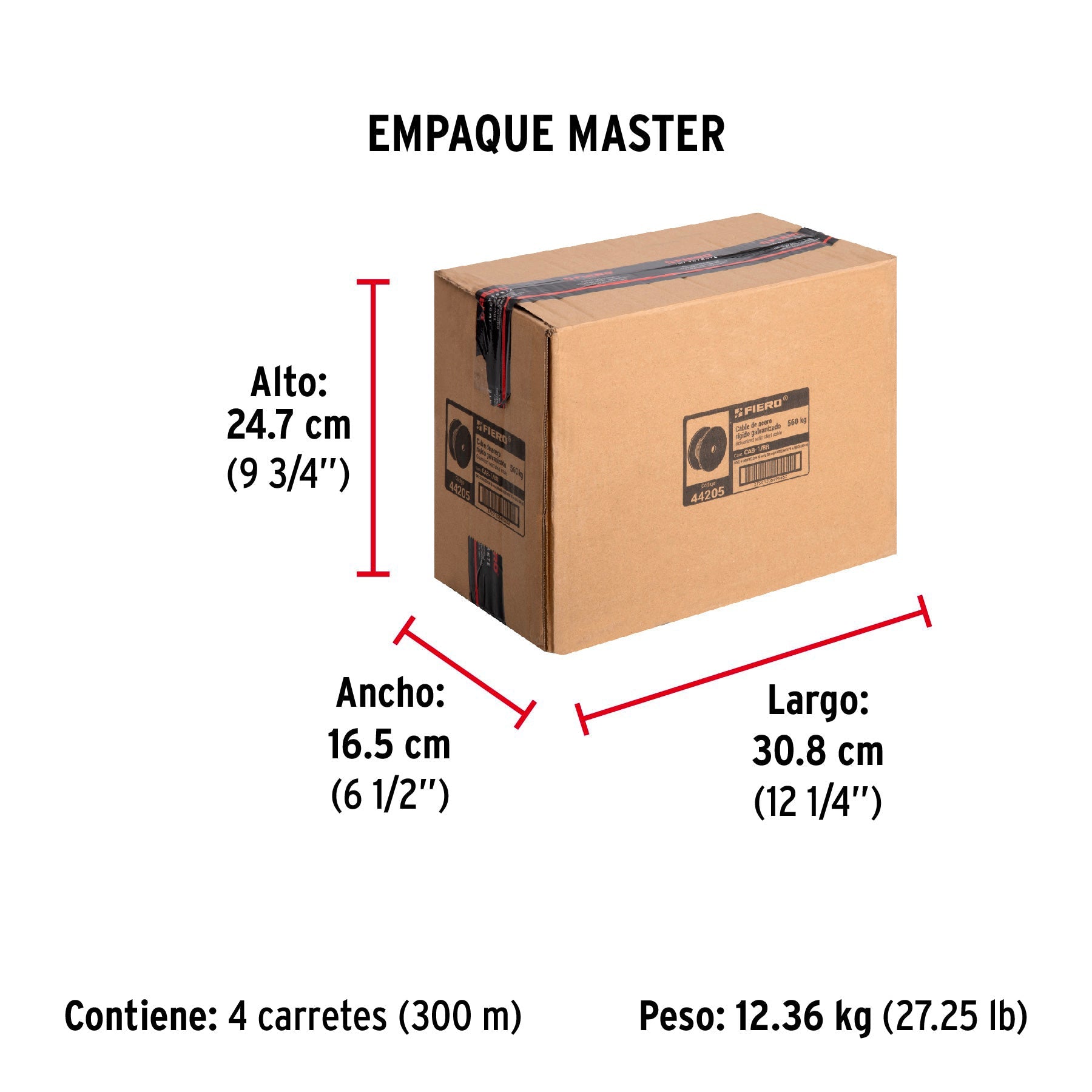 Metro de cable rígido 1/8" de acero 7x7 hilos, 75 m, FIERO - Empaque