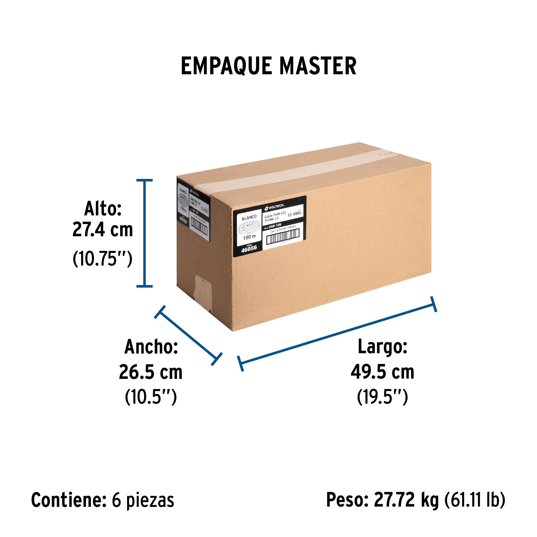 Rollo de 100 m de cable THHW-LS 12 AWG blanco, VOLTECK - Empaque