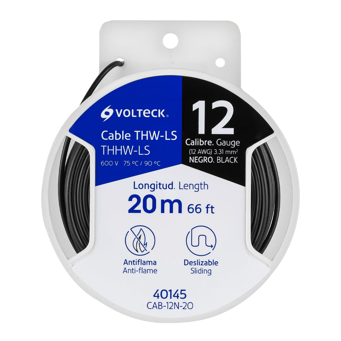 Carrete con 20 m de cable THHW-LS 12 AWG negro, VOLTECK