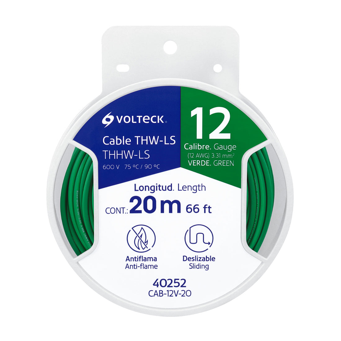 Carrete con 20 m de cable THHW-LS 12 AWG verde, VOLTECK
