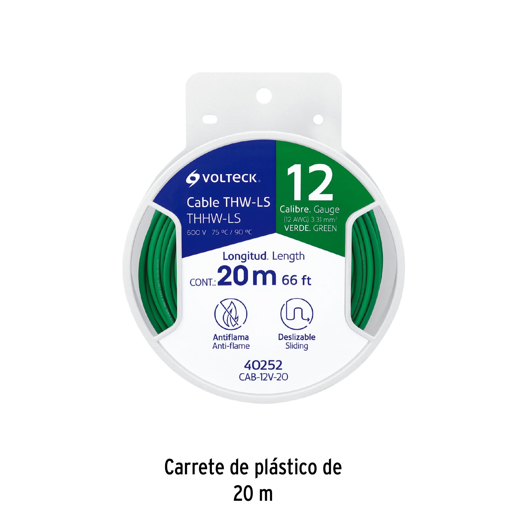 Carrete con 20 m de cable THHW-LS 12 AWG verde, VOLTECK