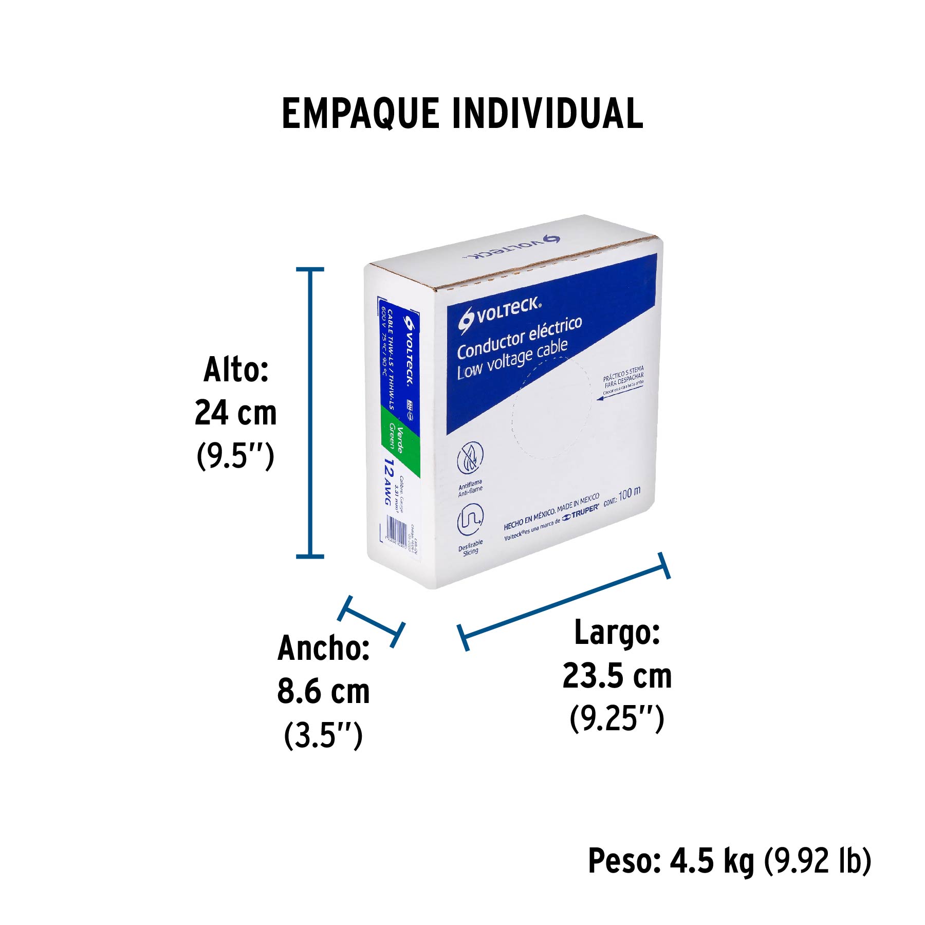 Rollo de 100 m de cable THHW-LS 12 AWG verde, VOLTECK - Empaque