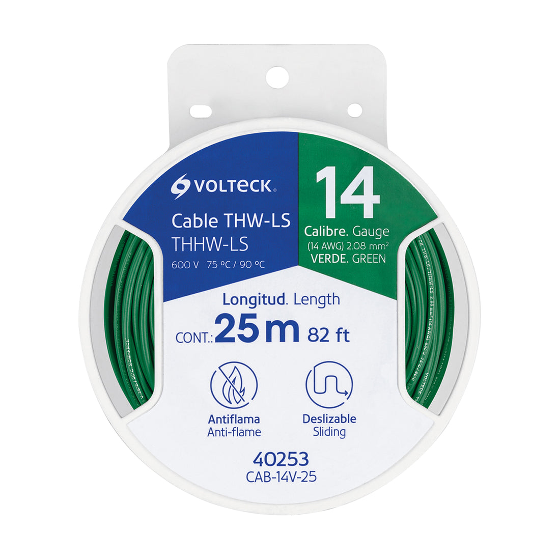 Carrete con 25 m de cable THHW-LS 14 AWG verde, VOLTECK