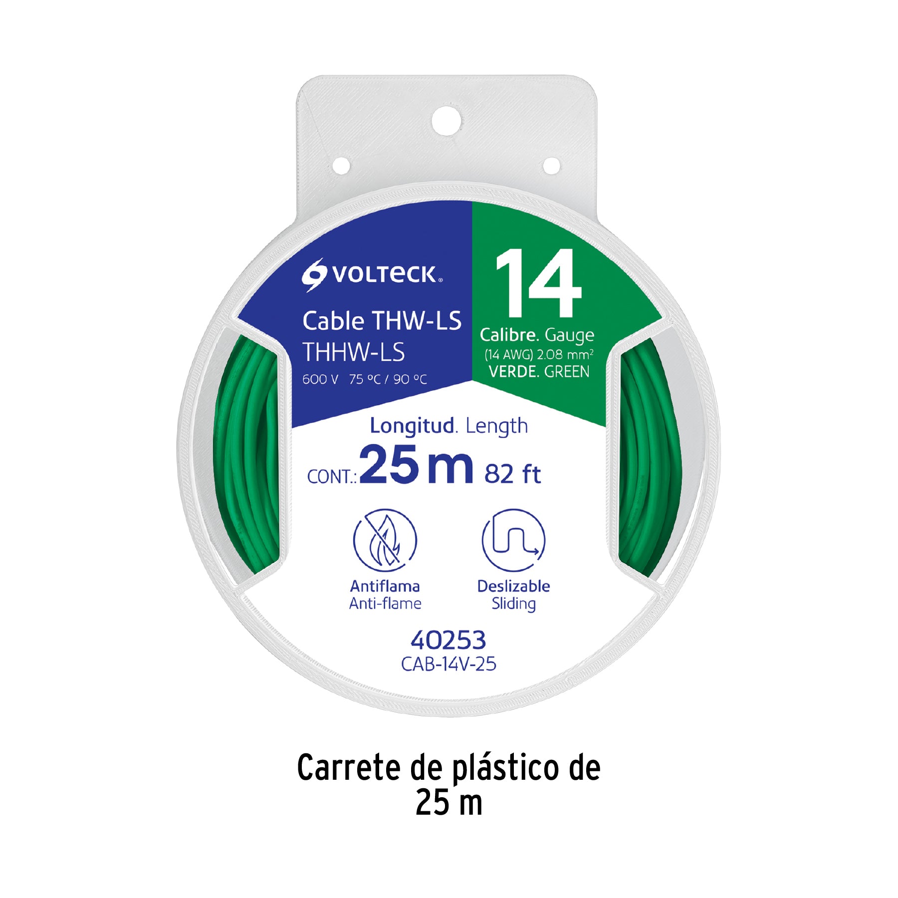 Carrete con 25 m de cable THHW-LS 14 AWG verde, VOLTECK