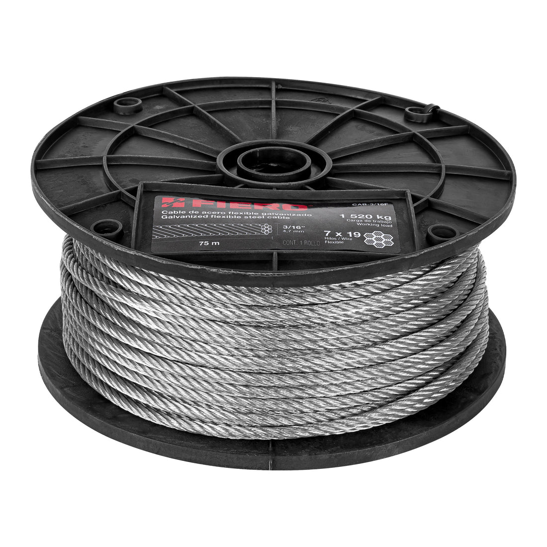 Metro de cable flexible 3/16" de acero 7x19 hilos, 75 m